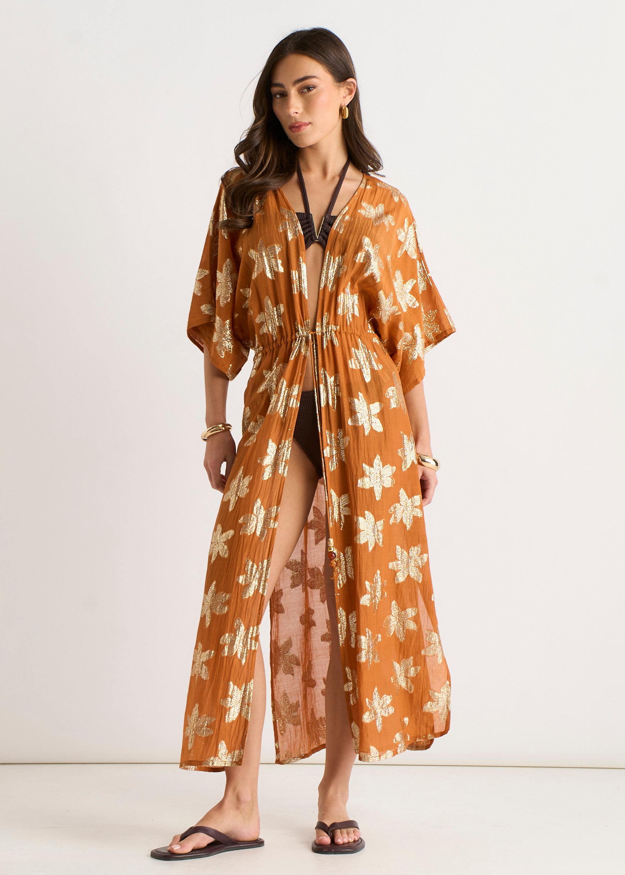 Orange Floral Lurex Tie Front Kaftan Kimono