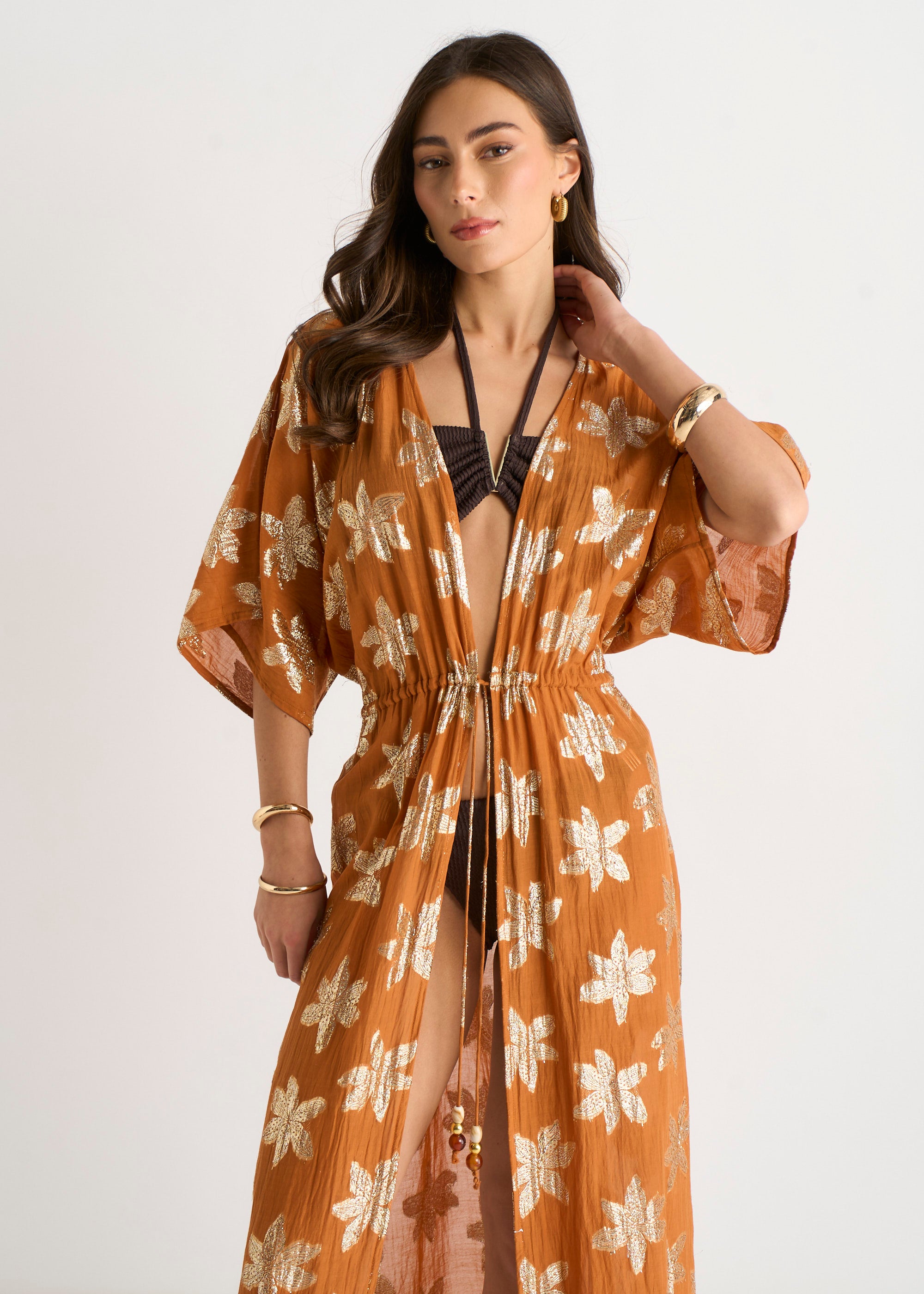 Orange Floral Lurex Tie Front Kaftan Kimono