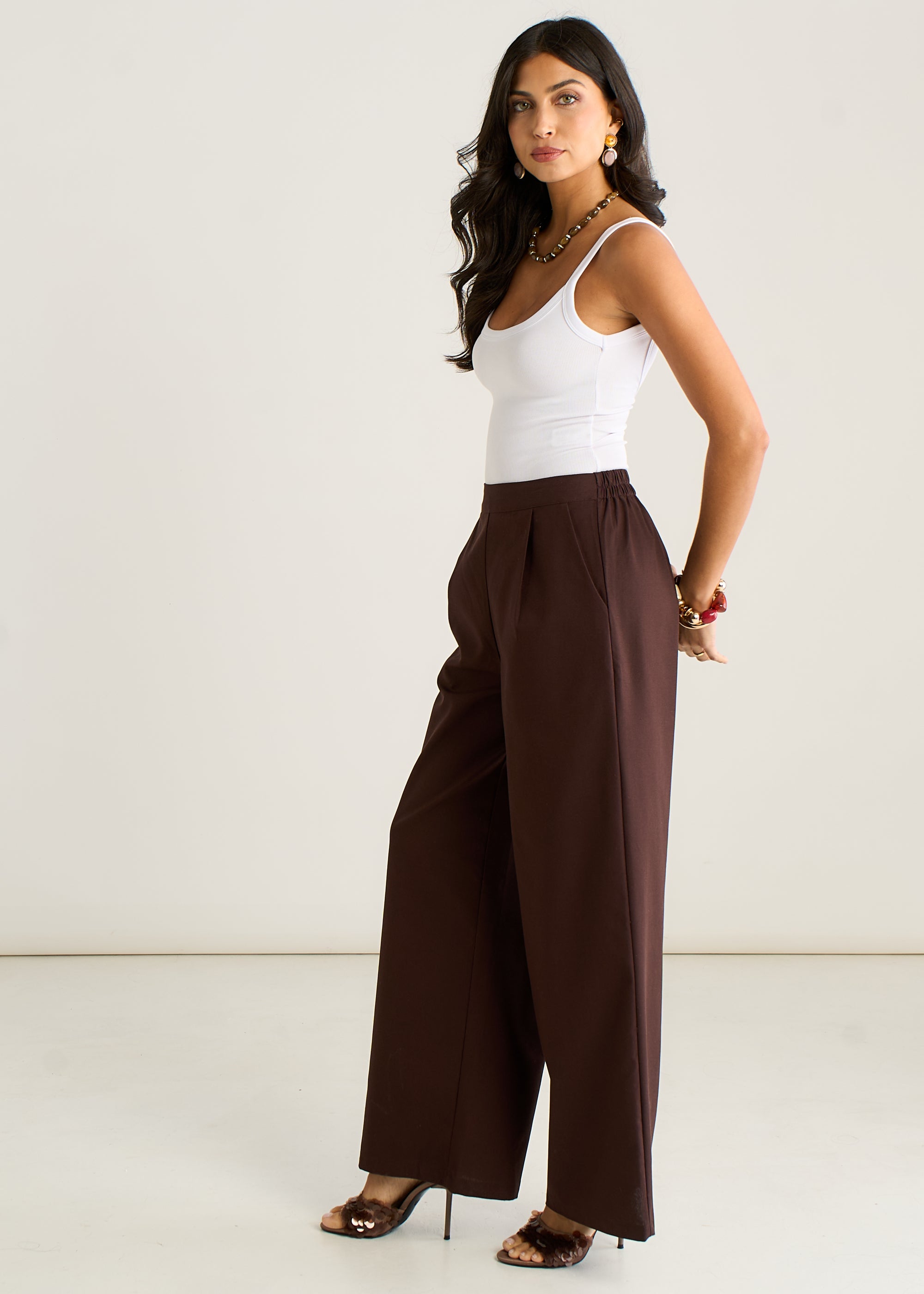 Brown Linen Mix Wide Leg Trouser