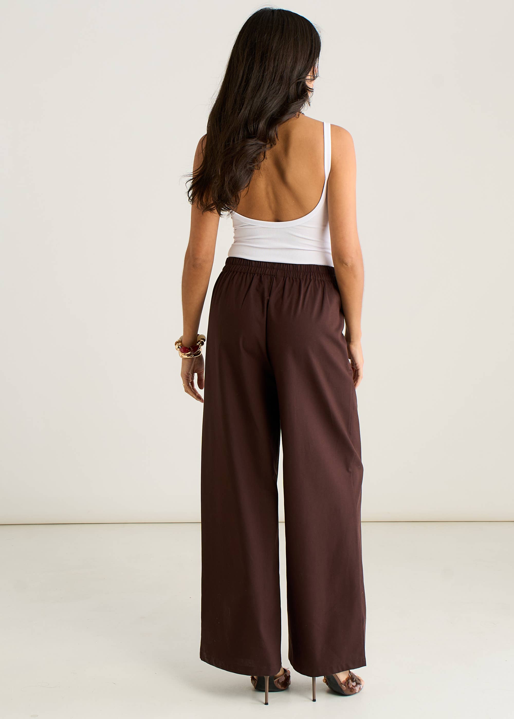 Brown Cotton and Linen Blend Wide Leg Trouser