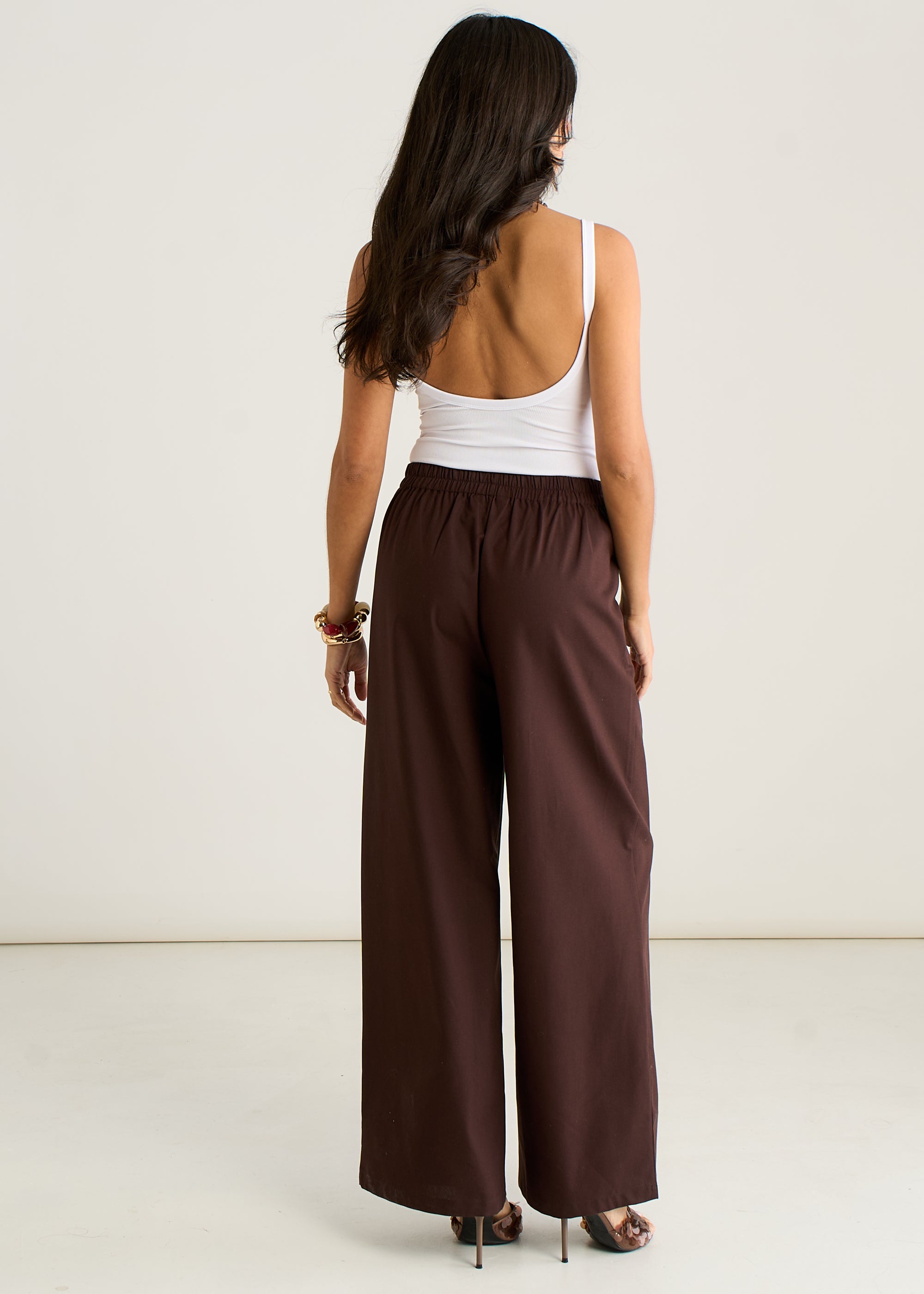 Brown Linen Mix Wide Leg Trouser