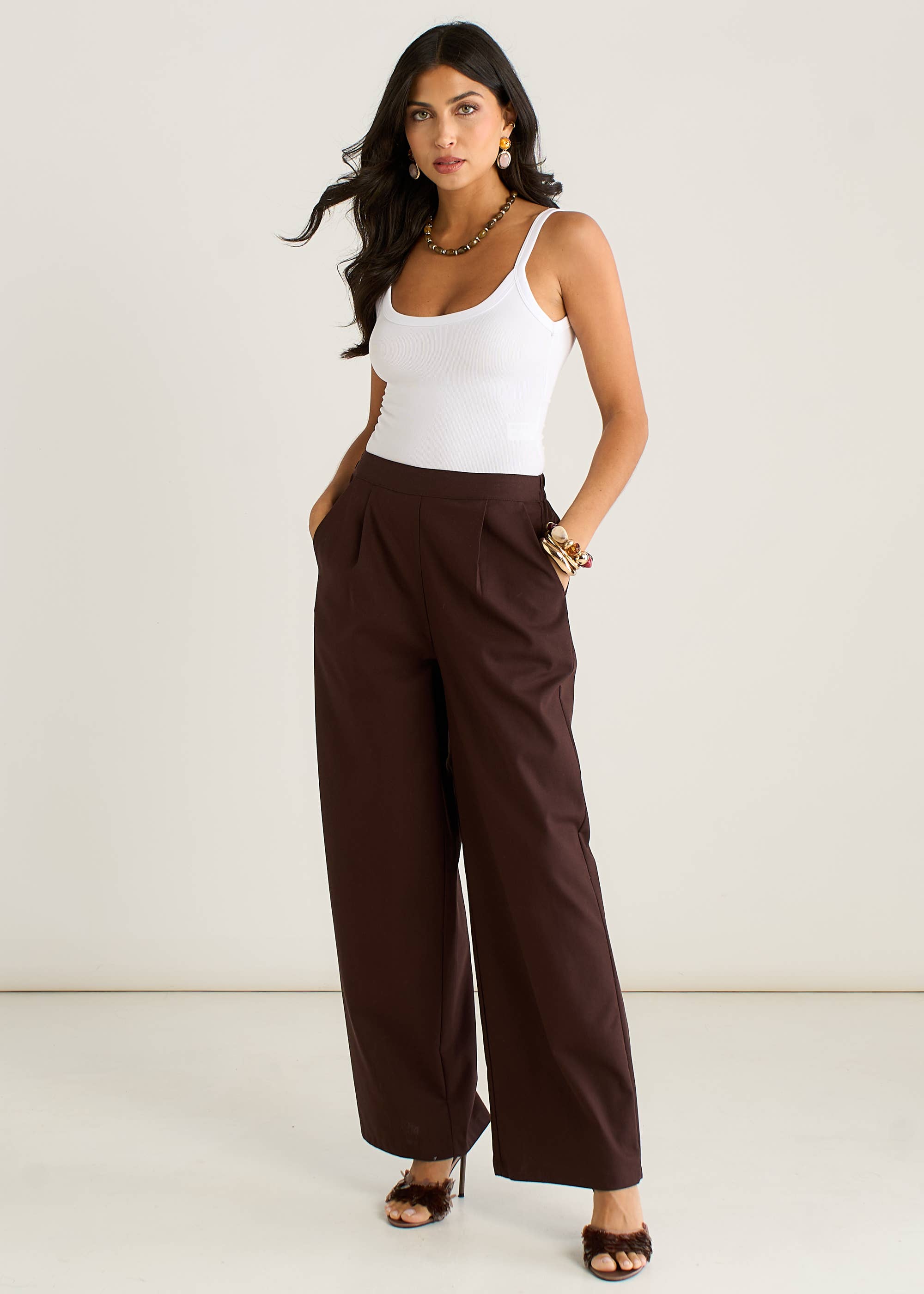 Brown Cotton and Linen Blend Wide Leg Trouser