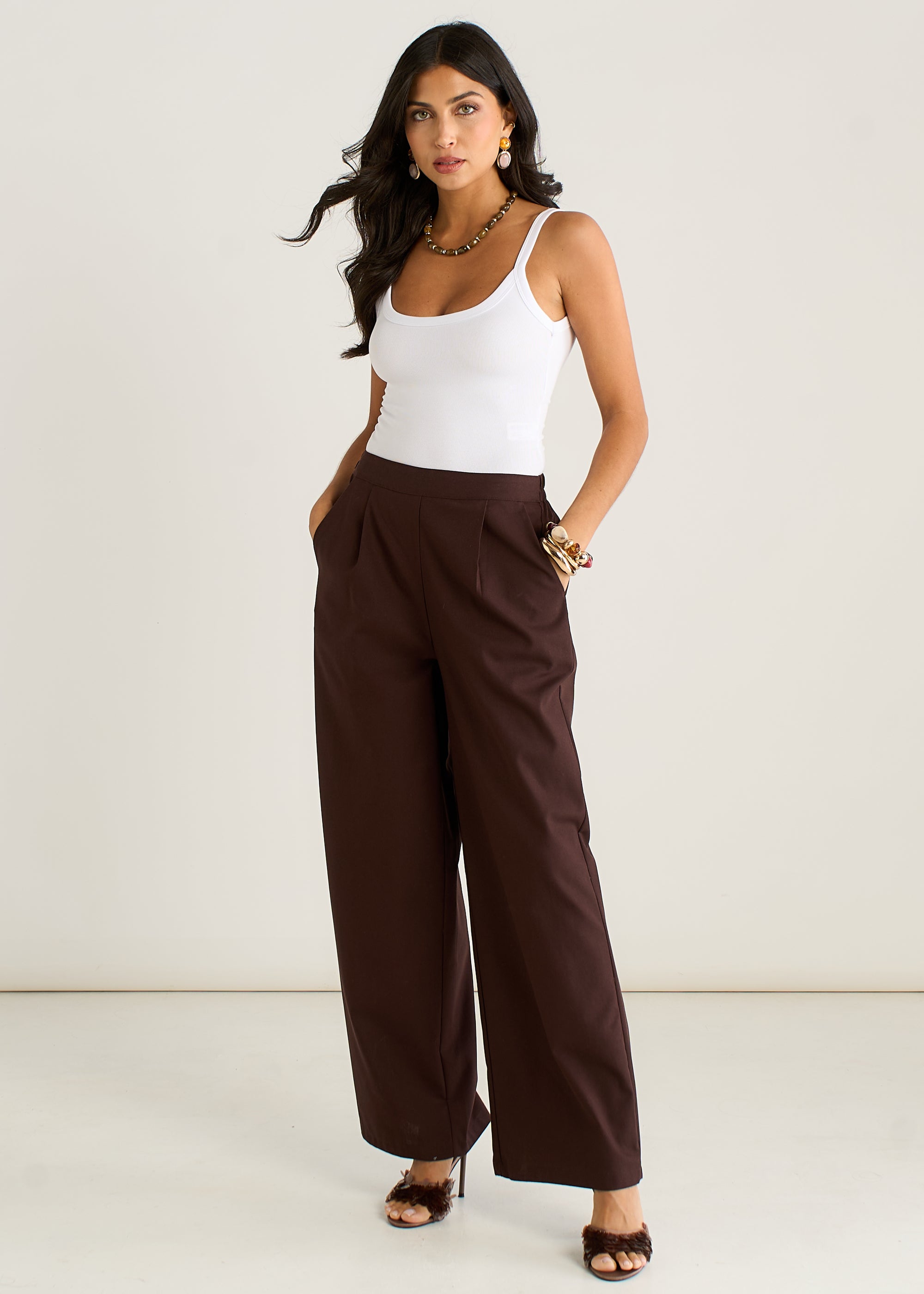 Brown Linen Mix Wide Leg Trouser