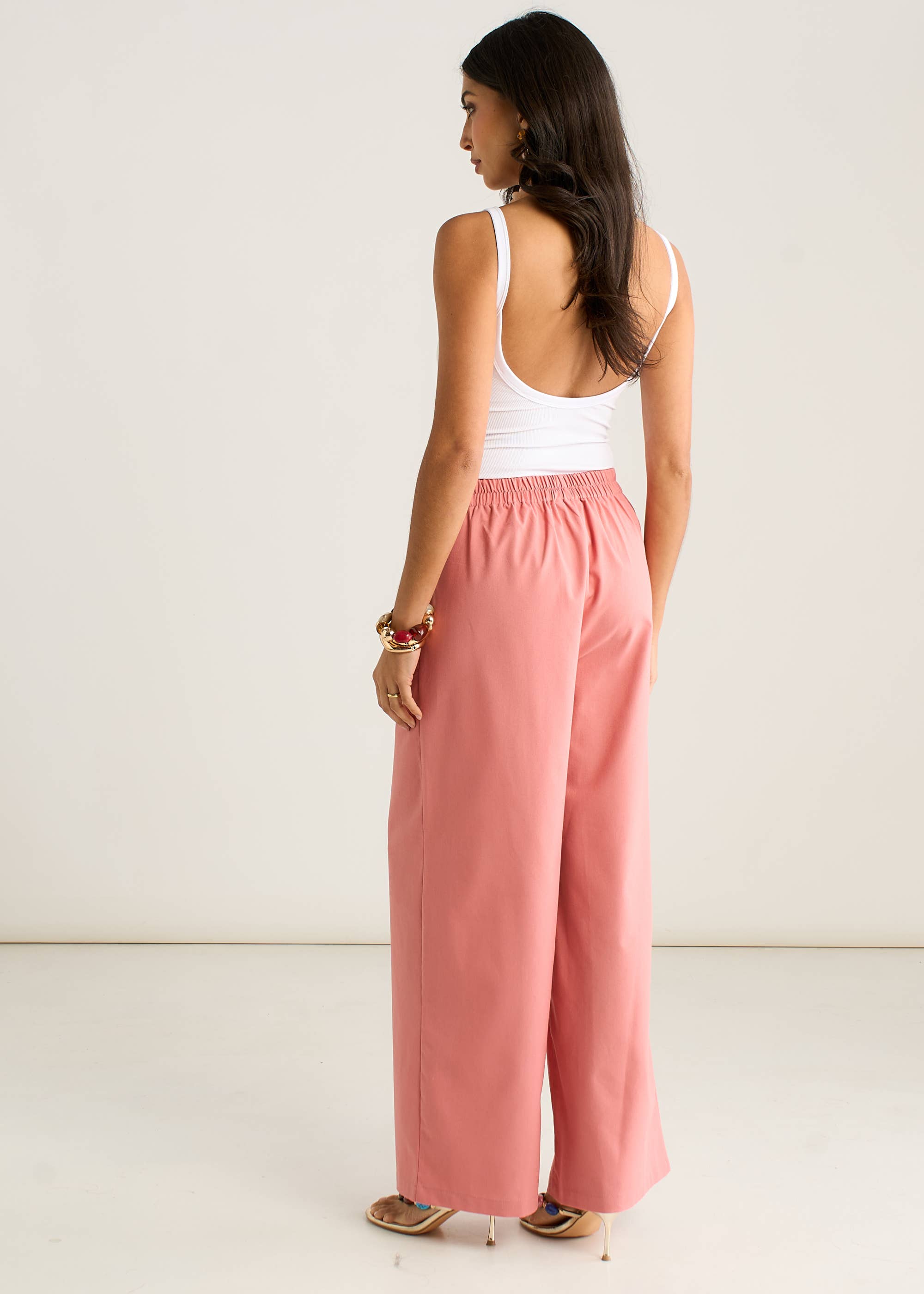 Coral Cotton and Linen Blend Wide Leg Trouser