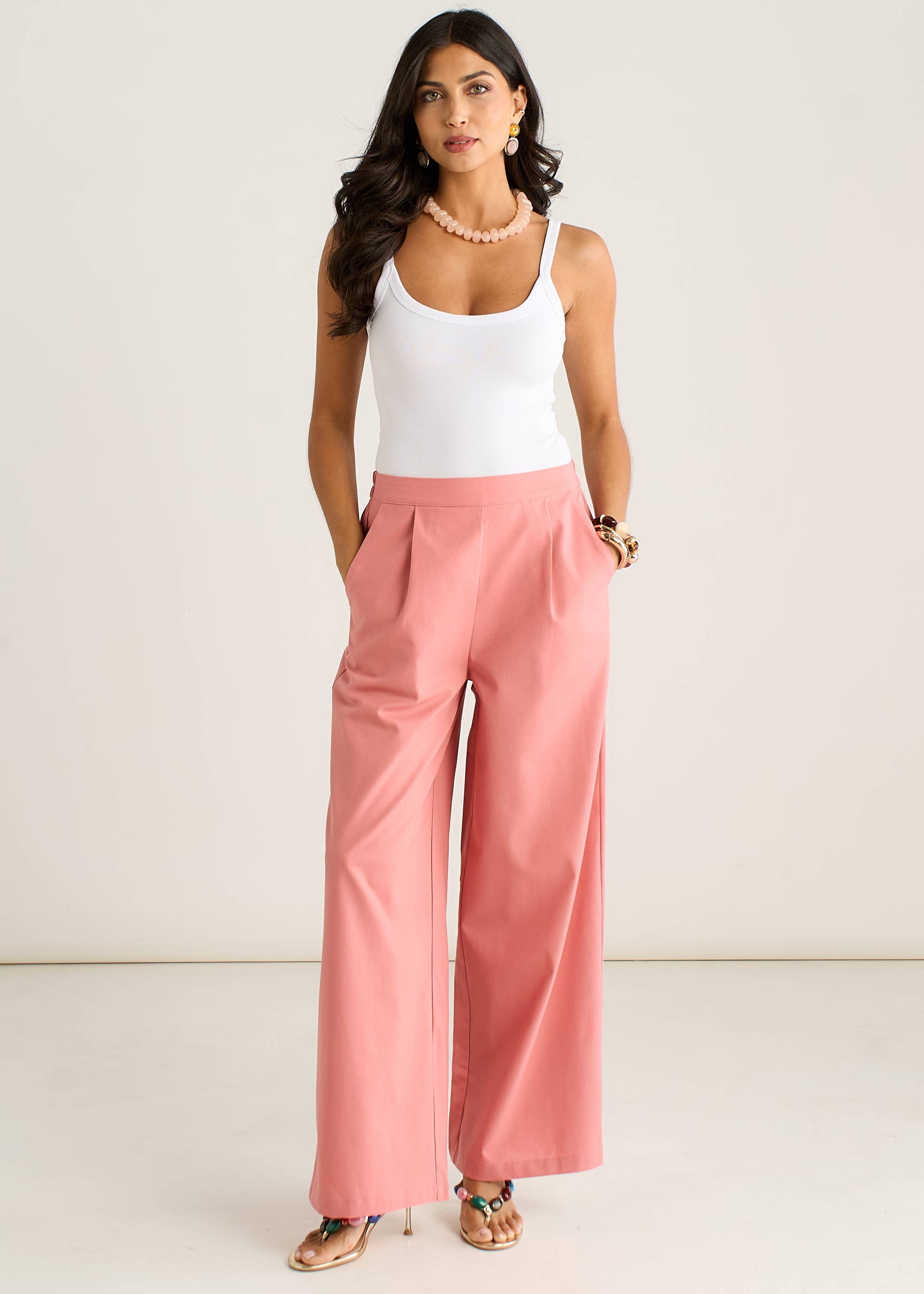 Coral Cotton and Linen Blend Wide Leg Trouser