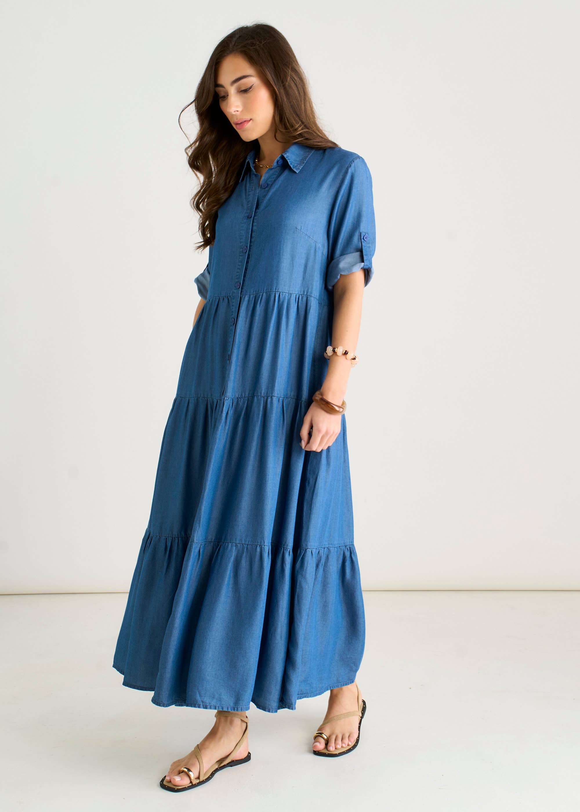 Blue Button Front Chambray Midaxi Shirt Dress
