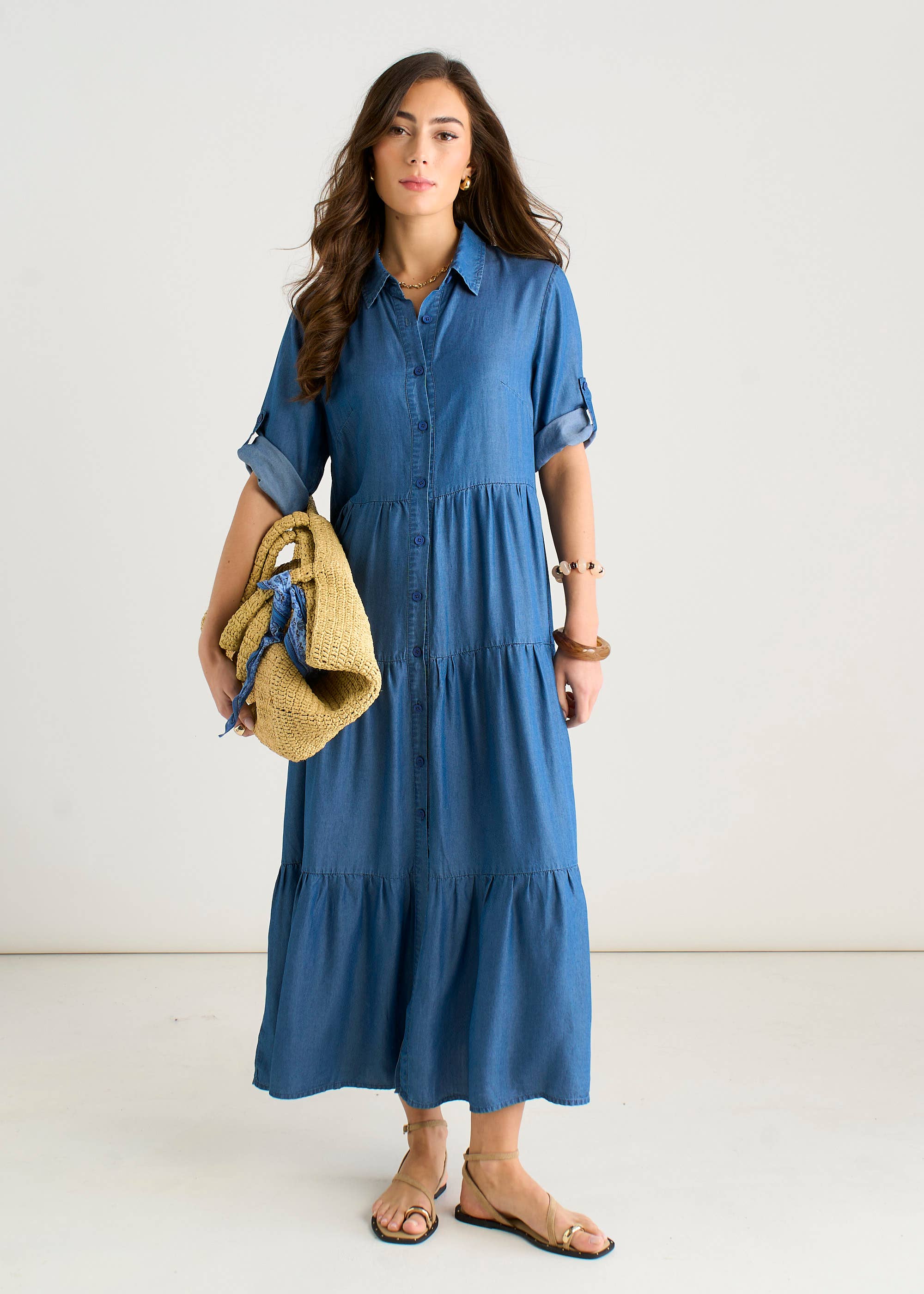 Blue Button Front Chambray Midaxi Shirt Dress