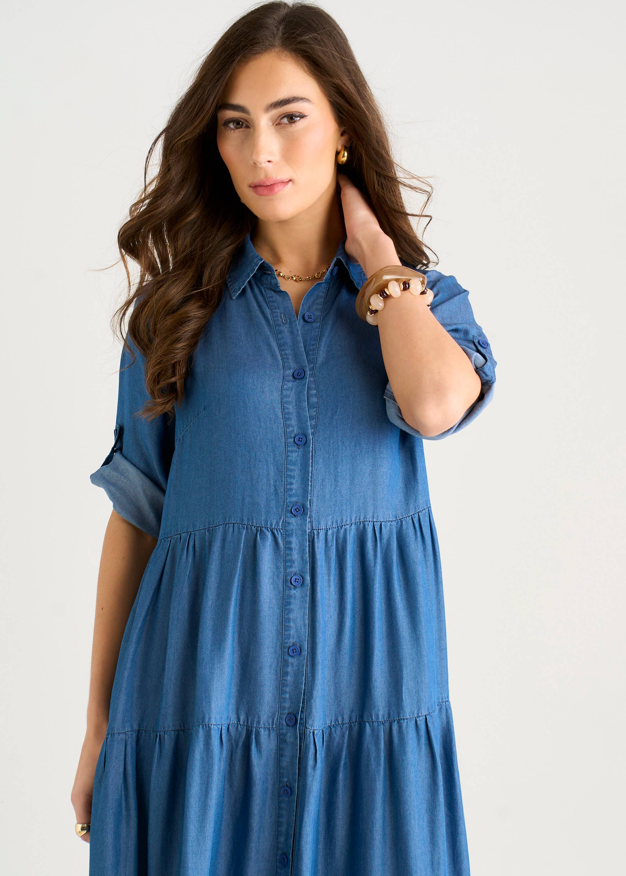 Blue Button Front Chambray Midaxi Shirt Dress