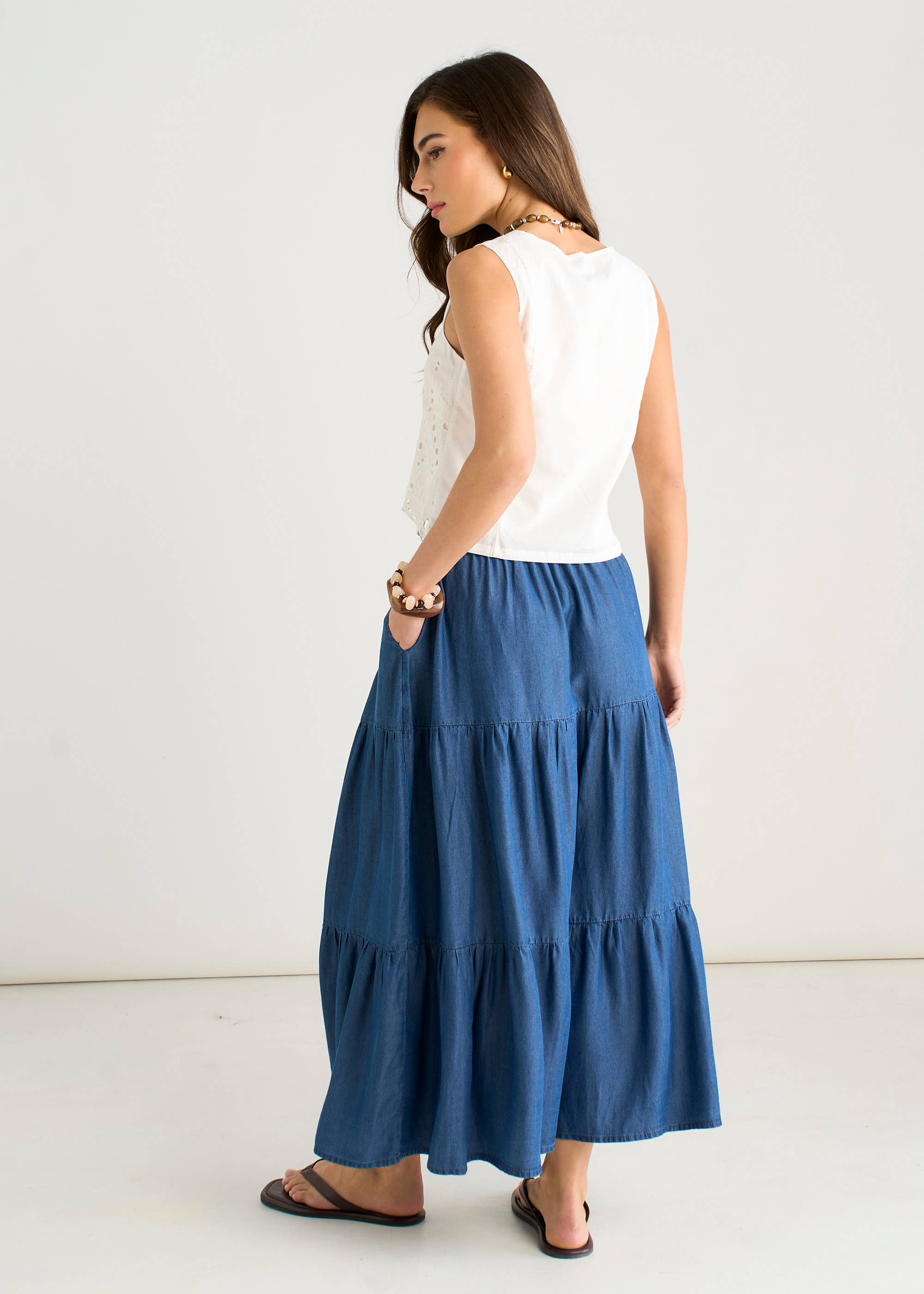 Blue Chambray Elasticated Button Front Midaxi Skirt