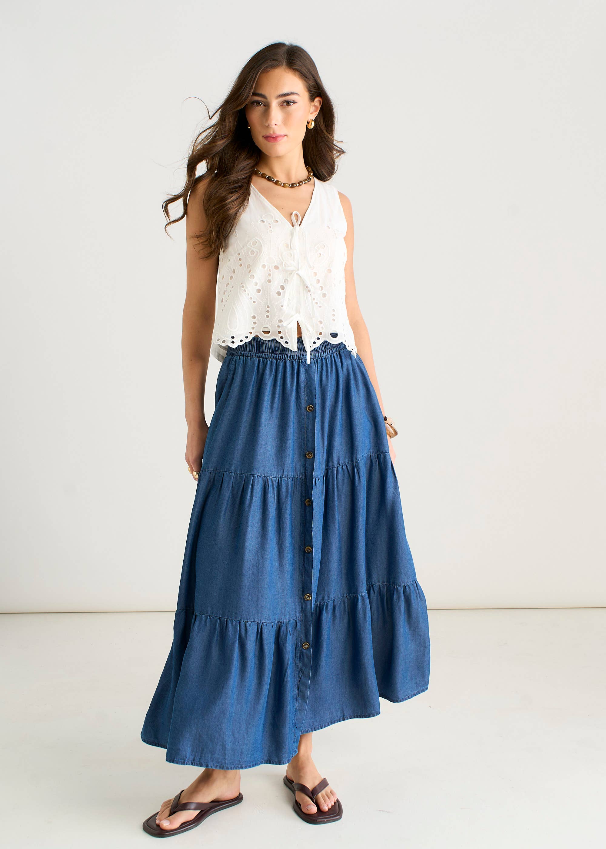 Blue Chambray Elasticated Button Front Midaxi Skirt