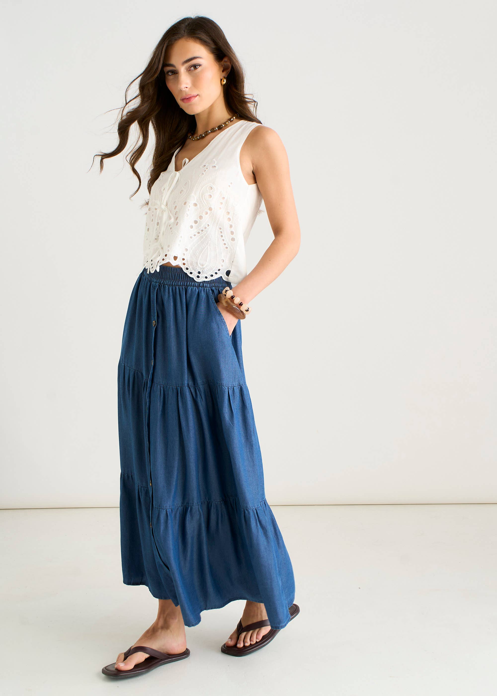 Blue Chambray Elasticated Button Front Midaxi Skirt