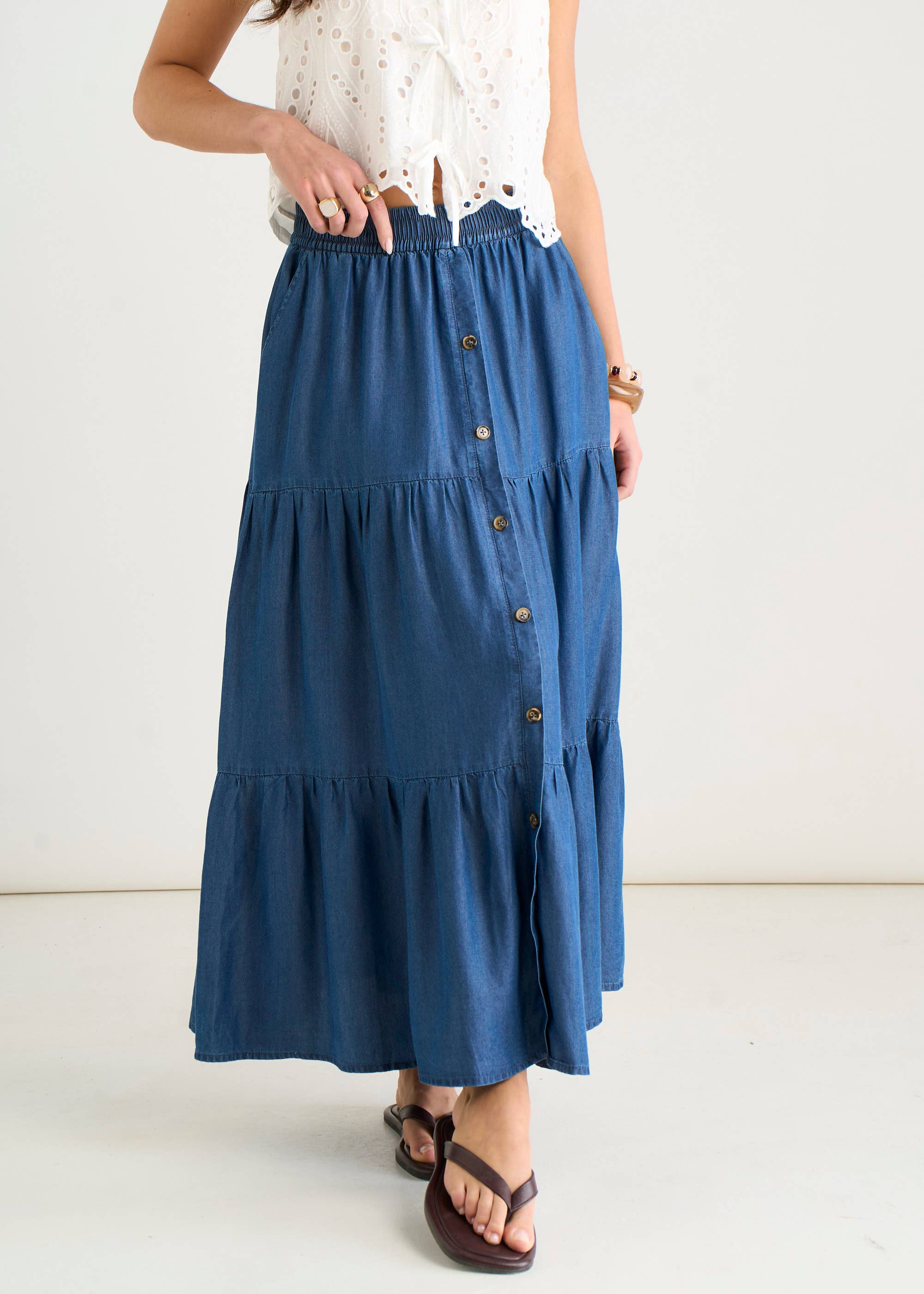 Blue Chambray Elasticated Button Front Midaxi Skirt