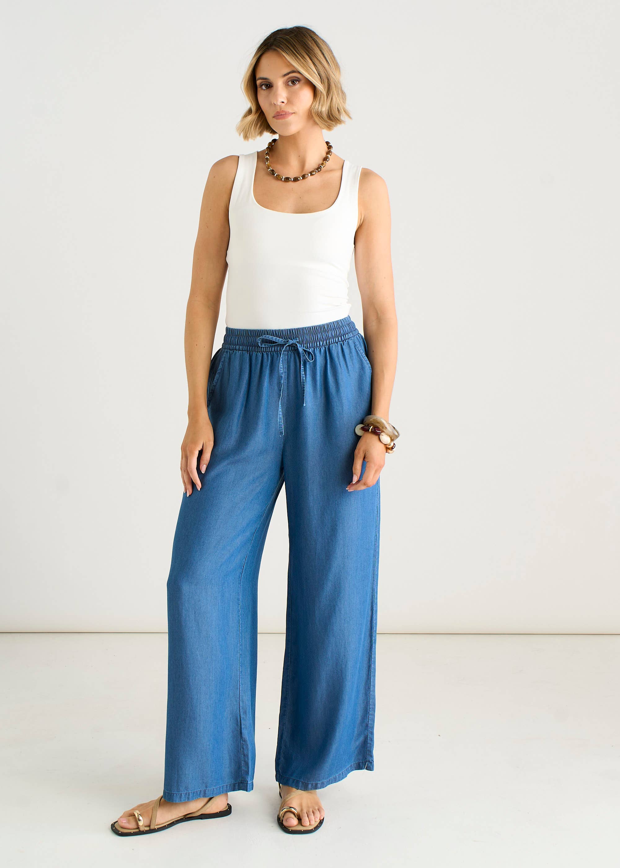 Blue Chambray Elasticated Waist Wide Leg Trousers