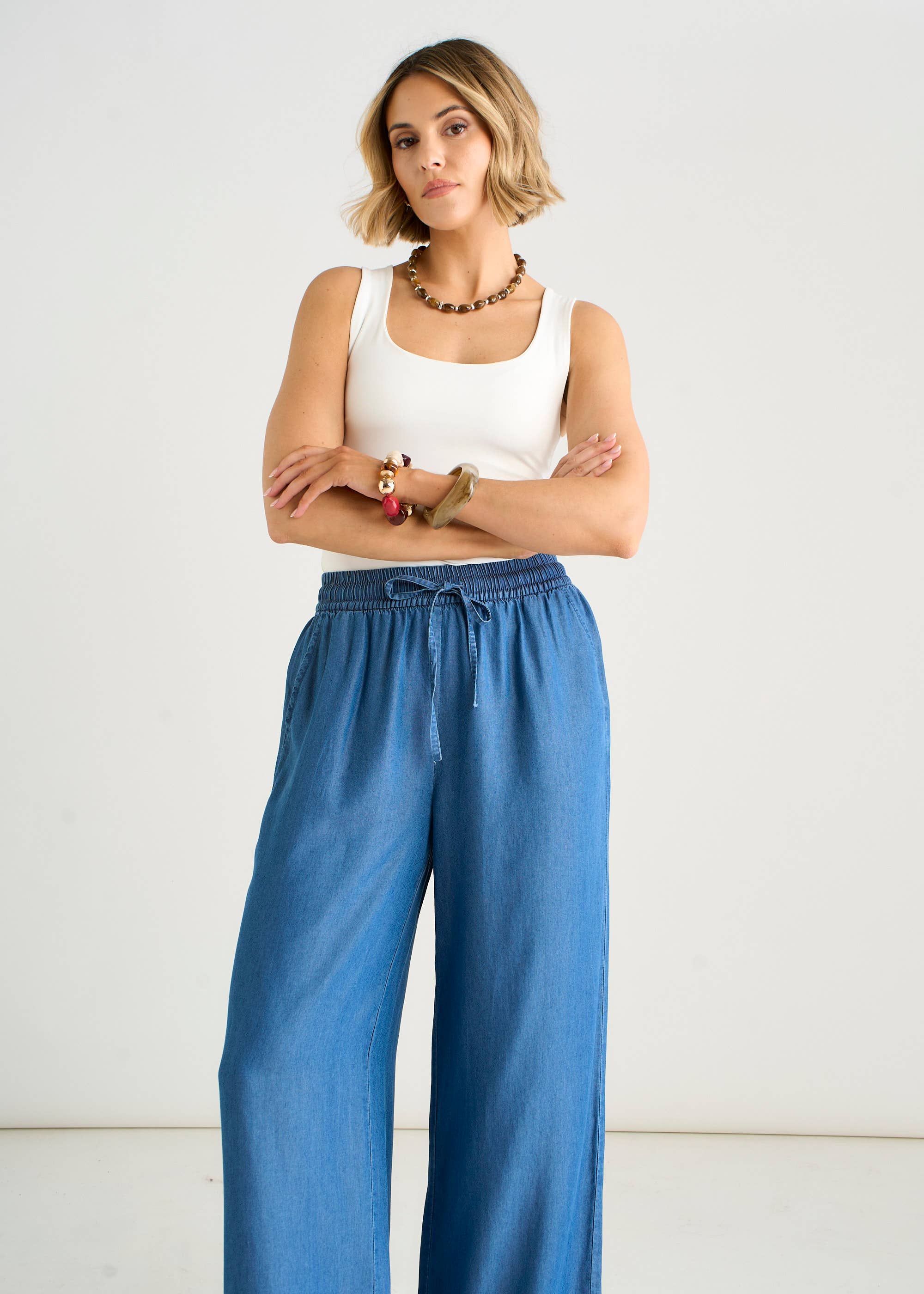 Blue Chambray Elasticated Waist Wide Leg Trousers