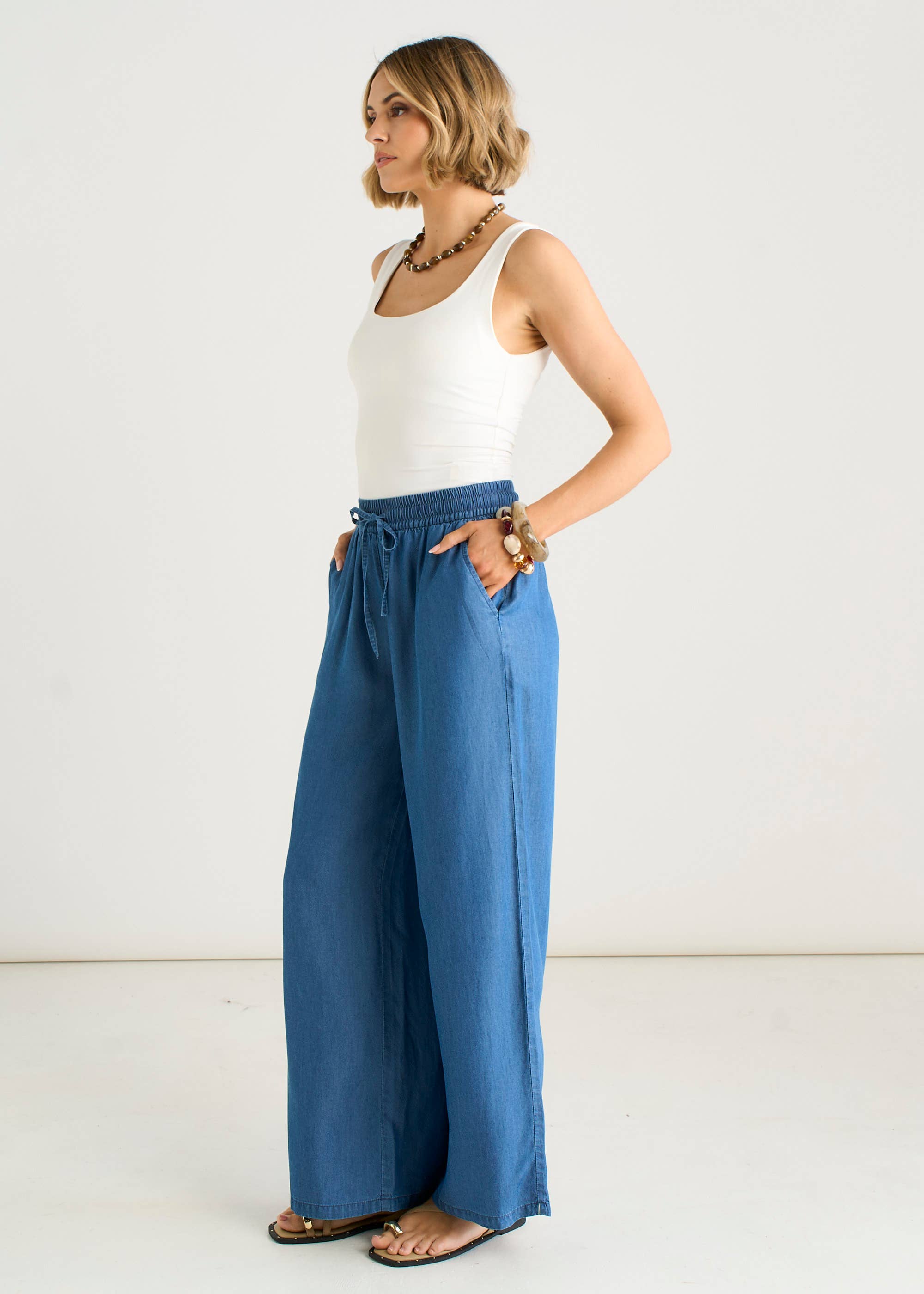 Blue Chambray Elasticated Waist Wide Leg Trousers