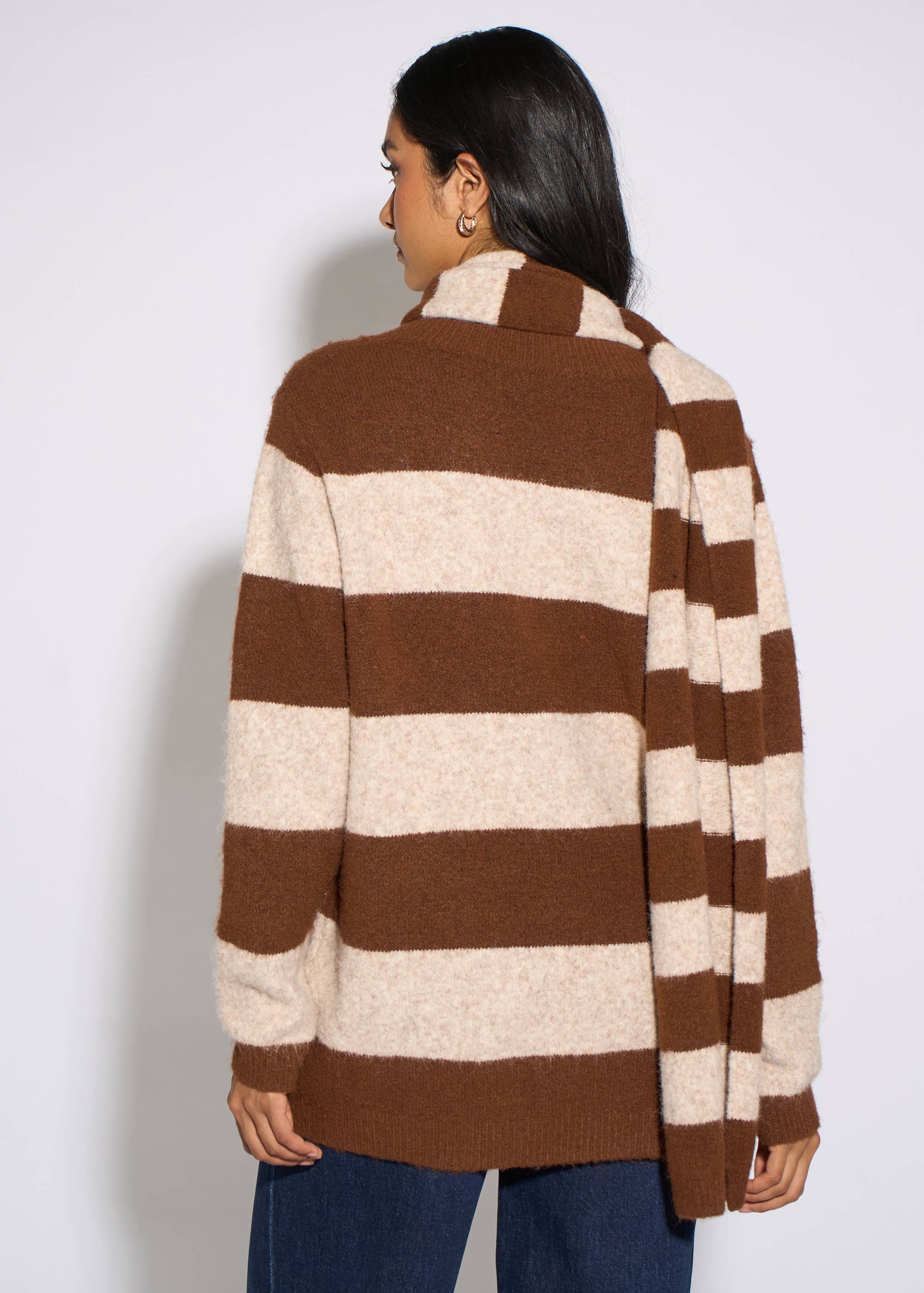 Brown Stripe V Neck Scarf Jumper