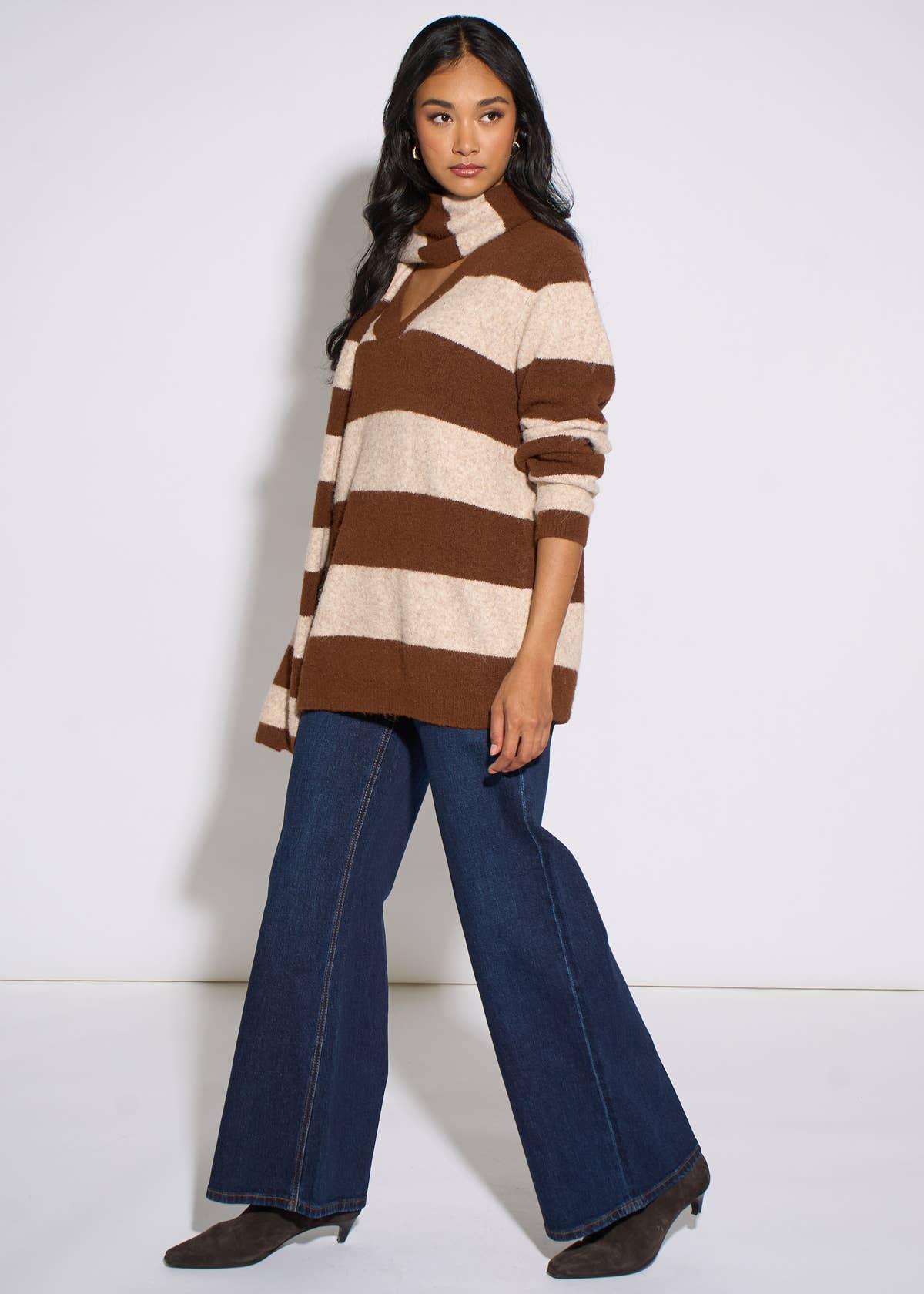 Brown Stripe V Neck Scarf Jumper