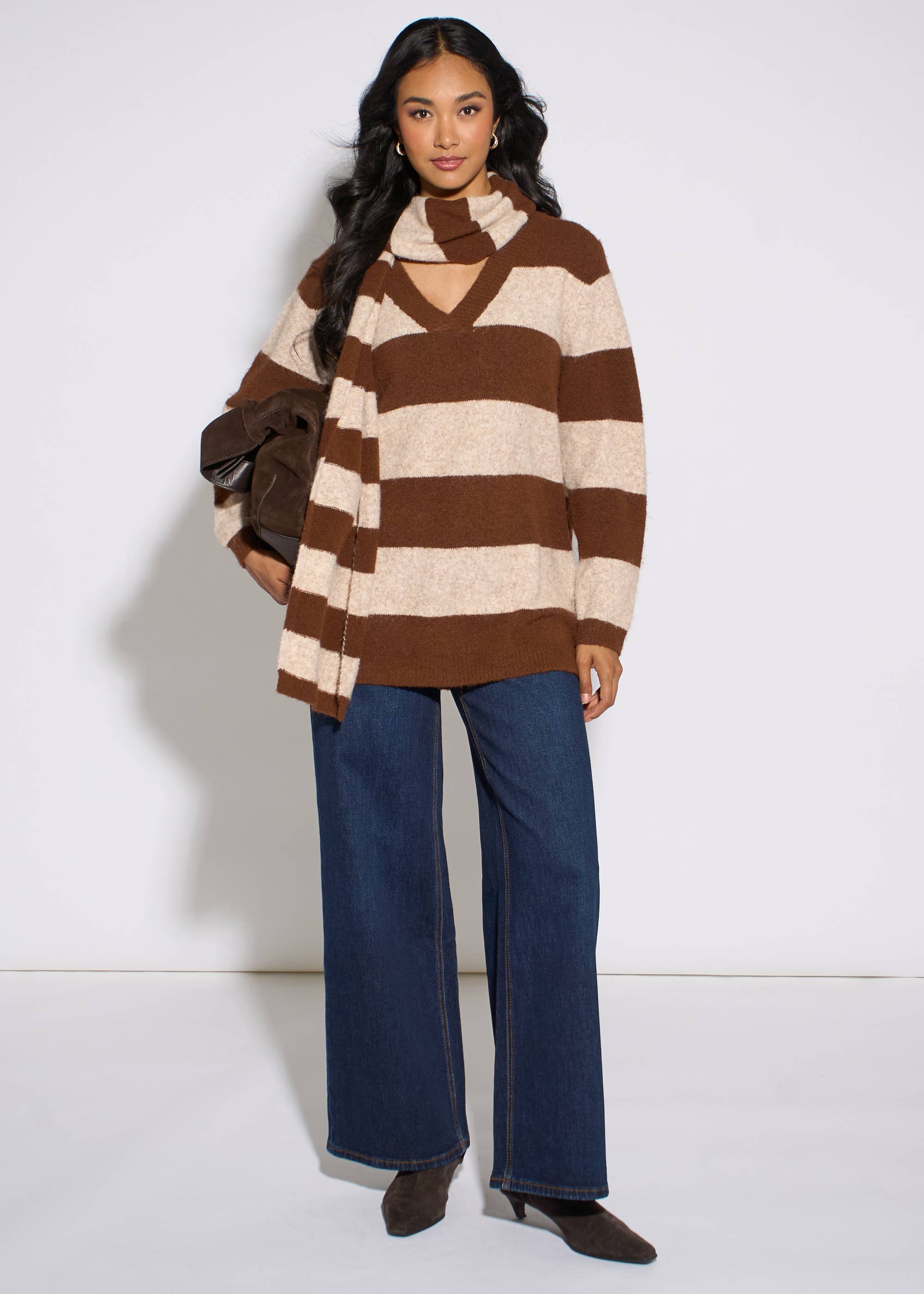 Brown Stripe V Neck Scarf Jumper