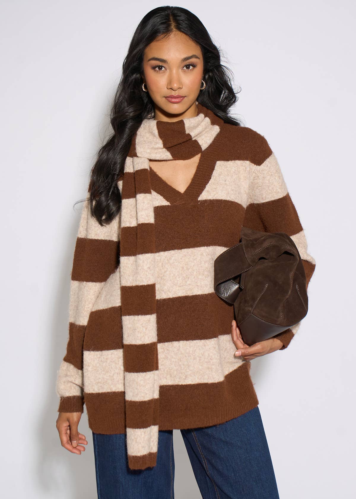 Brown Stripe V Neck Scarf Jumper
