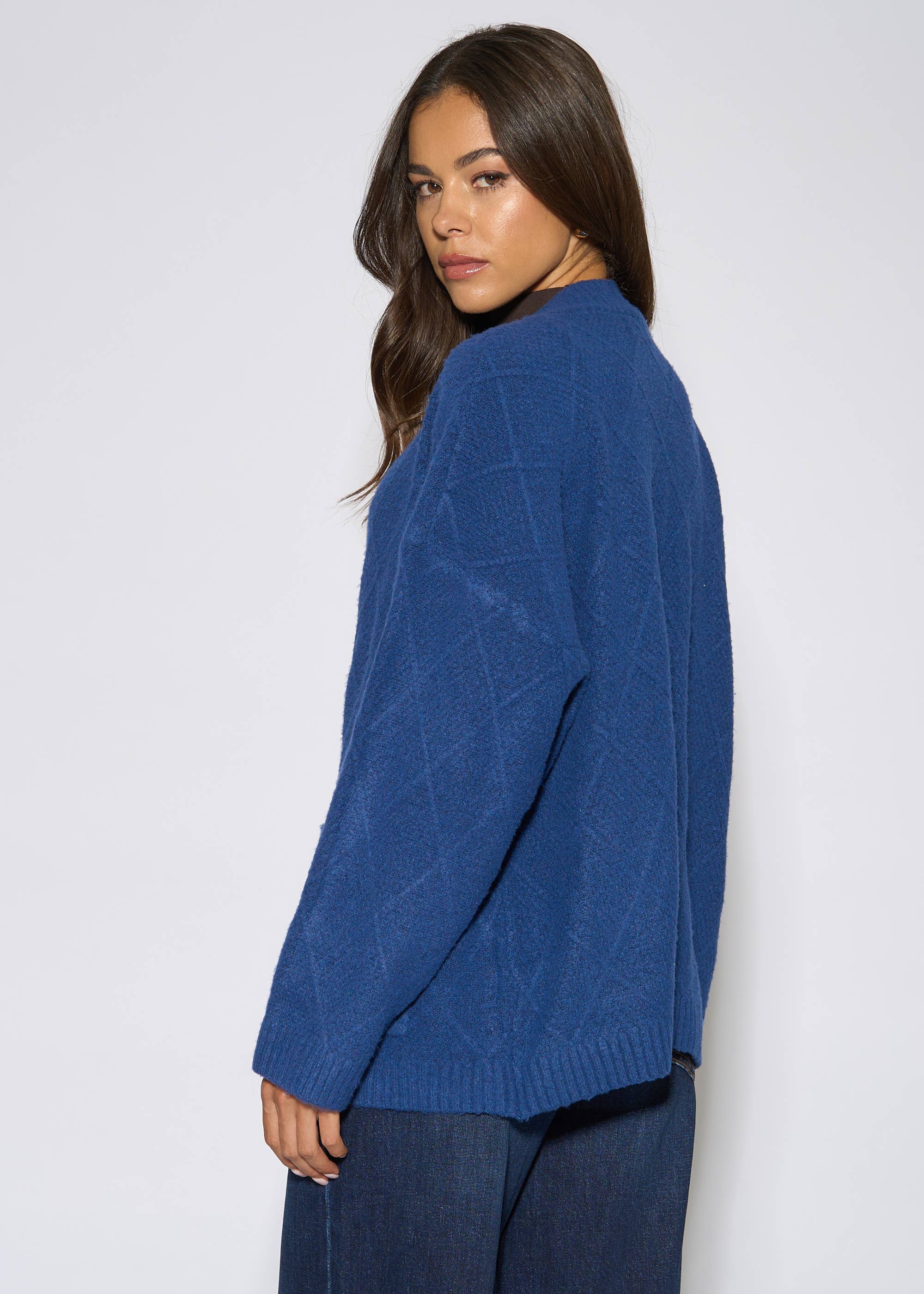 Blue Textured Button Detail Long Sleeves Cardigan