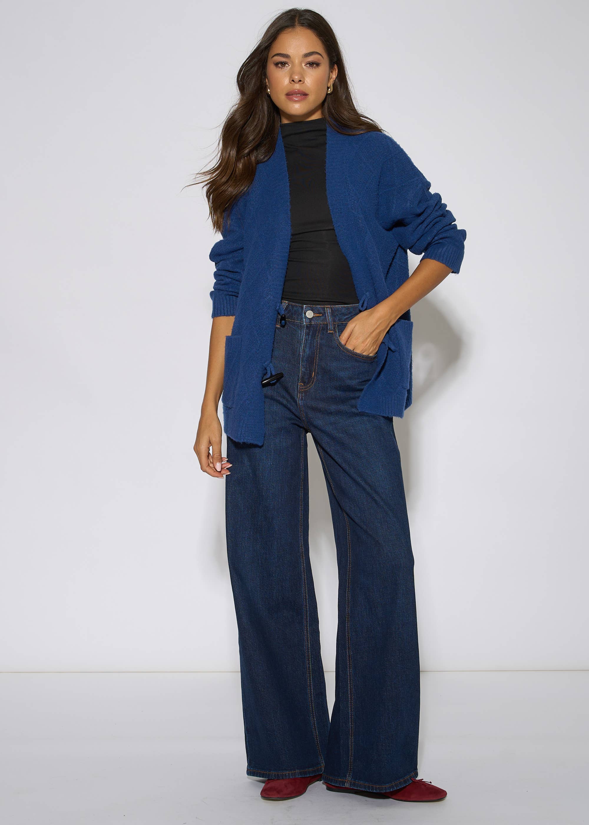 Blue Textured Button Detail Long Sleeves Cardigan