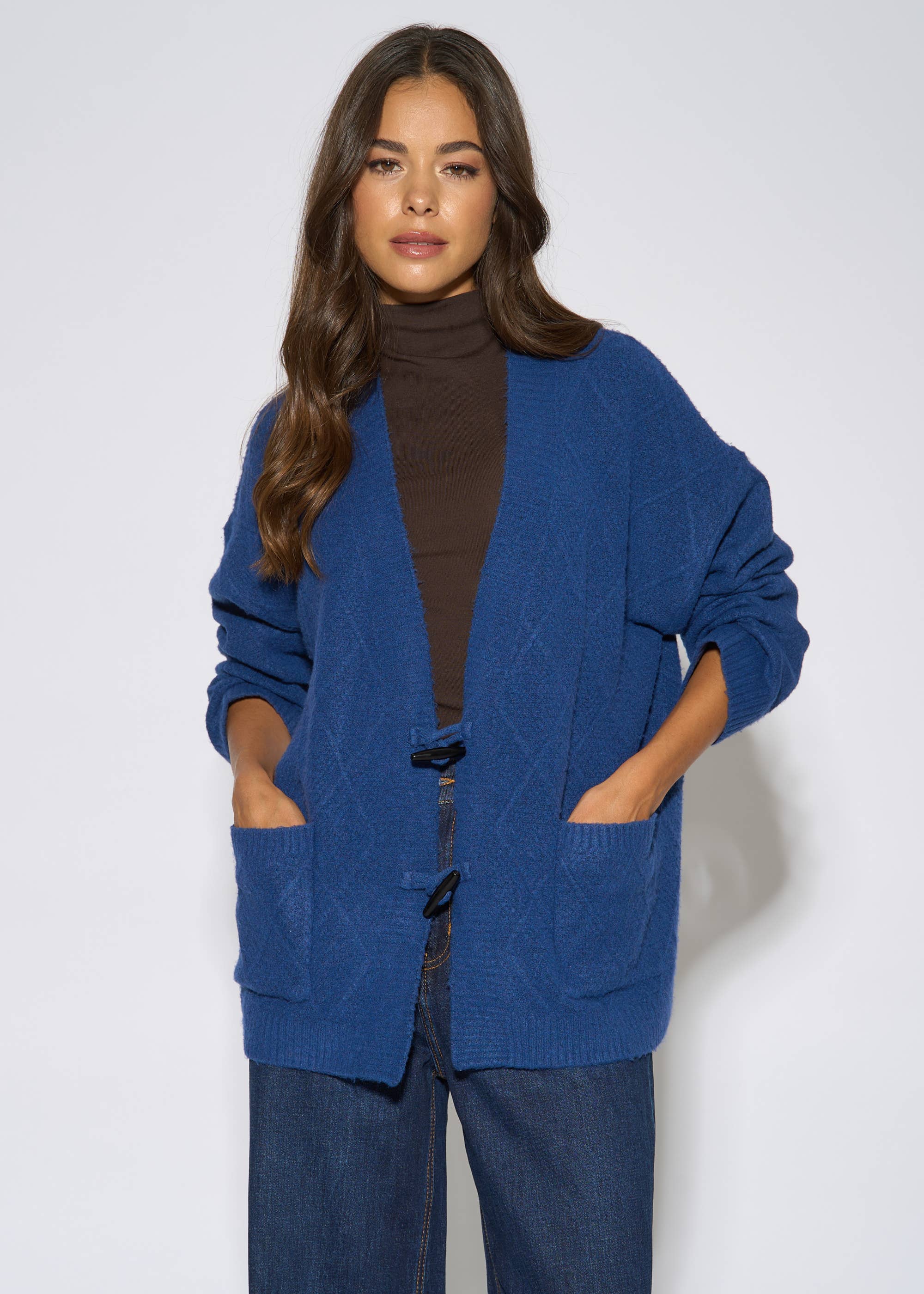 Blue Textured Button Detail Long Sleeves Cardigan