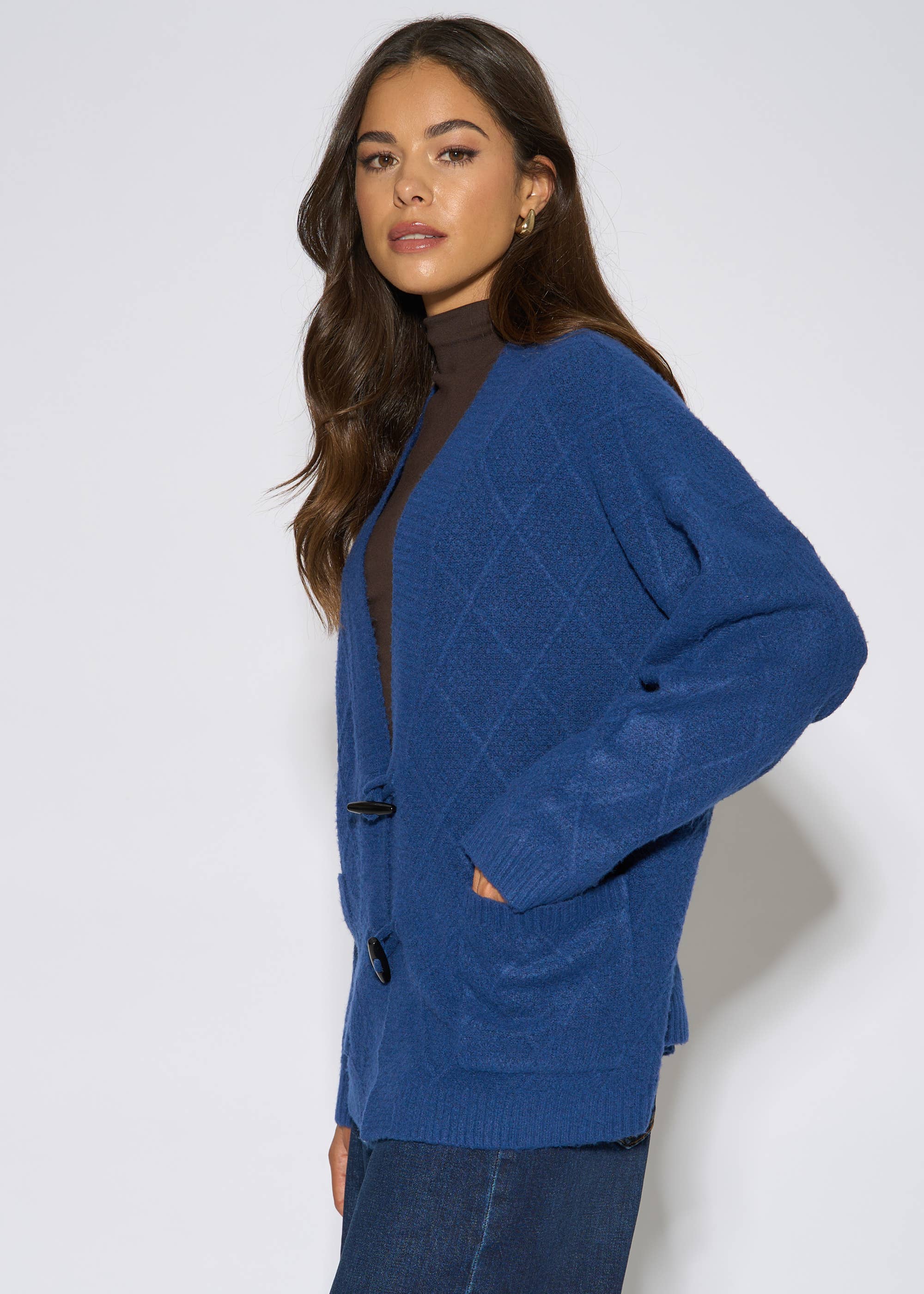 Blue Textured Button Detail Long Sleeves Cardigan