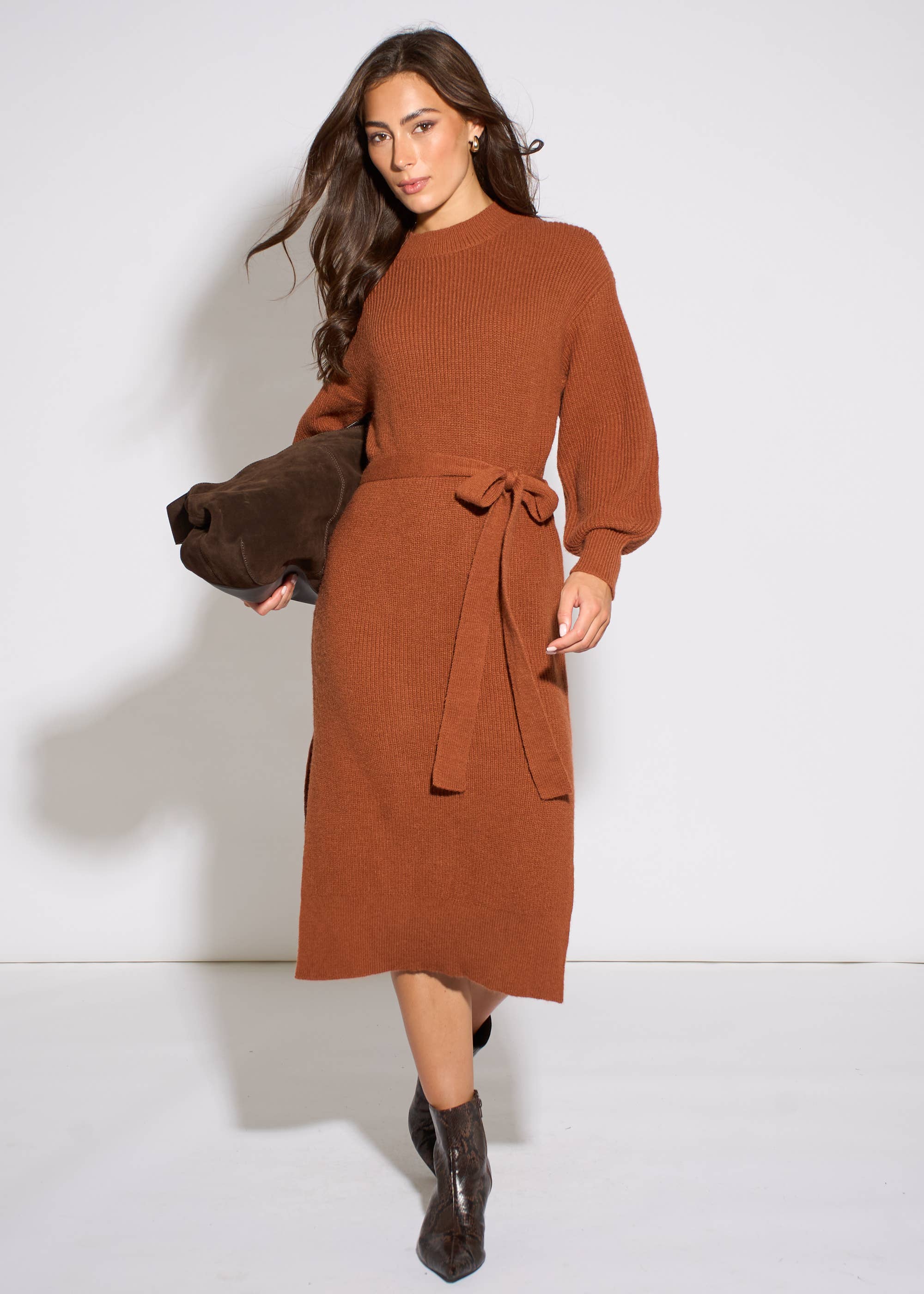 Tan Belted Knitted Long Sleeves Dress