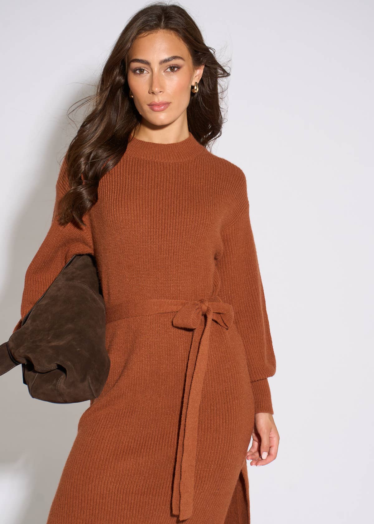 Tan Belted Knitted Long Sleeves Dress