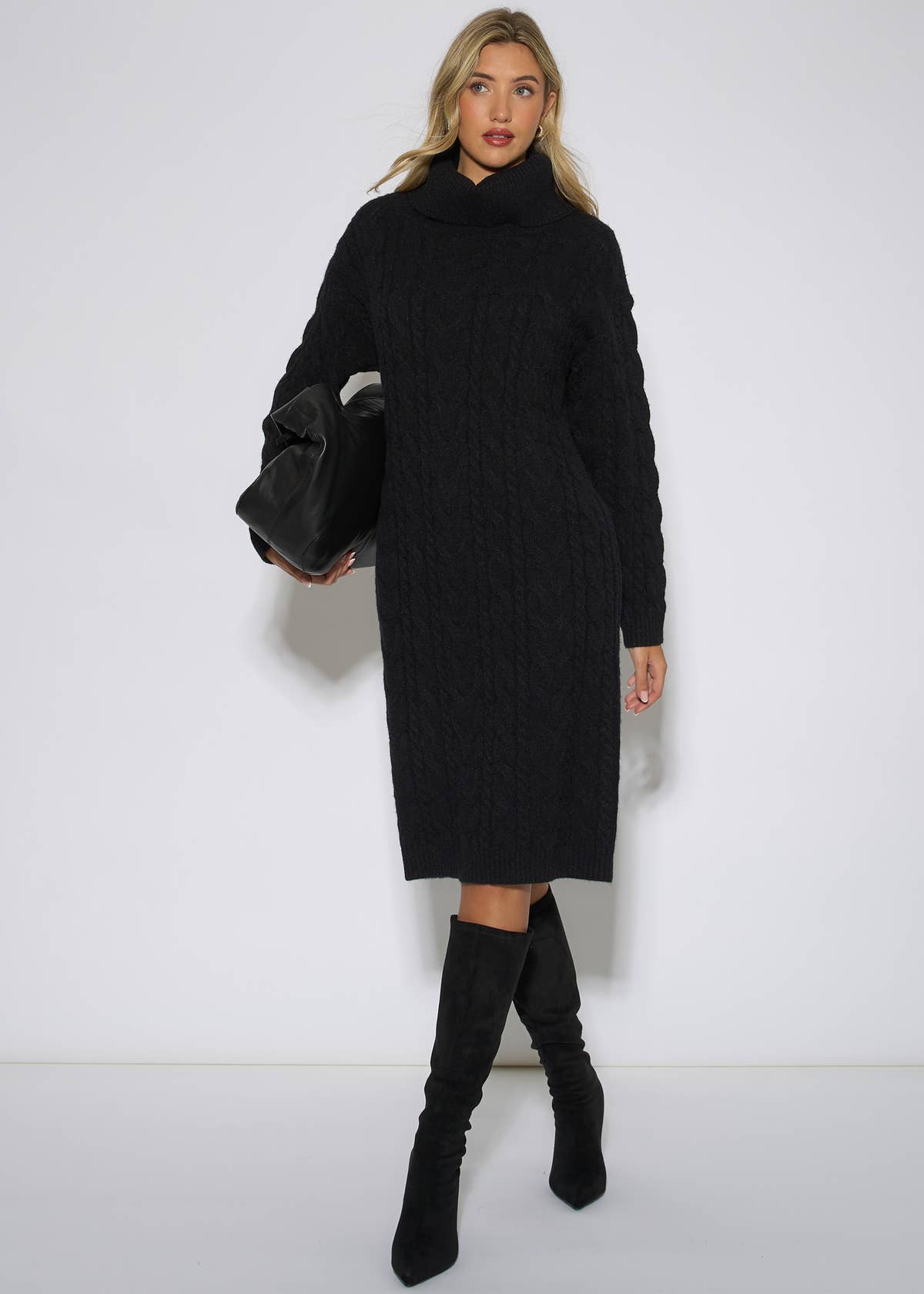 Black High Neck Cable Knit Shift Dress