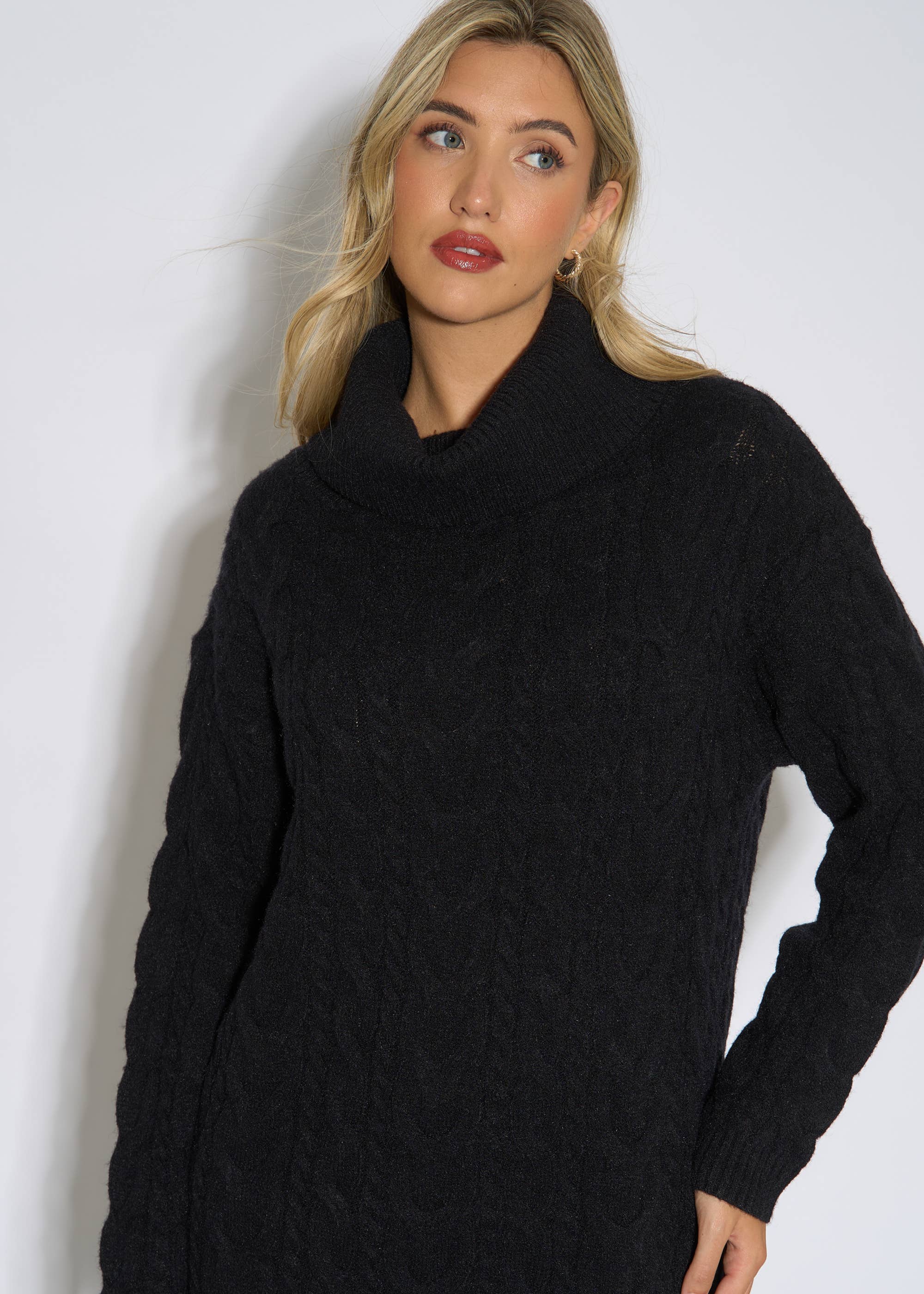 Black High Neck Cable Knit Shift Dress