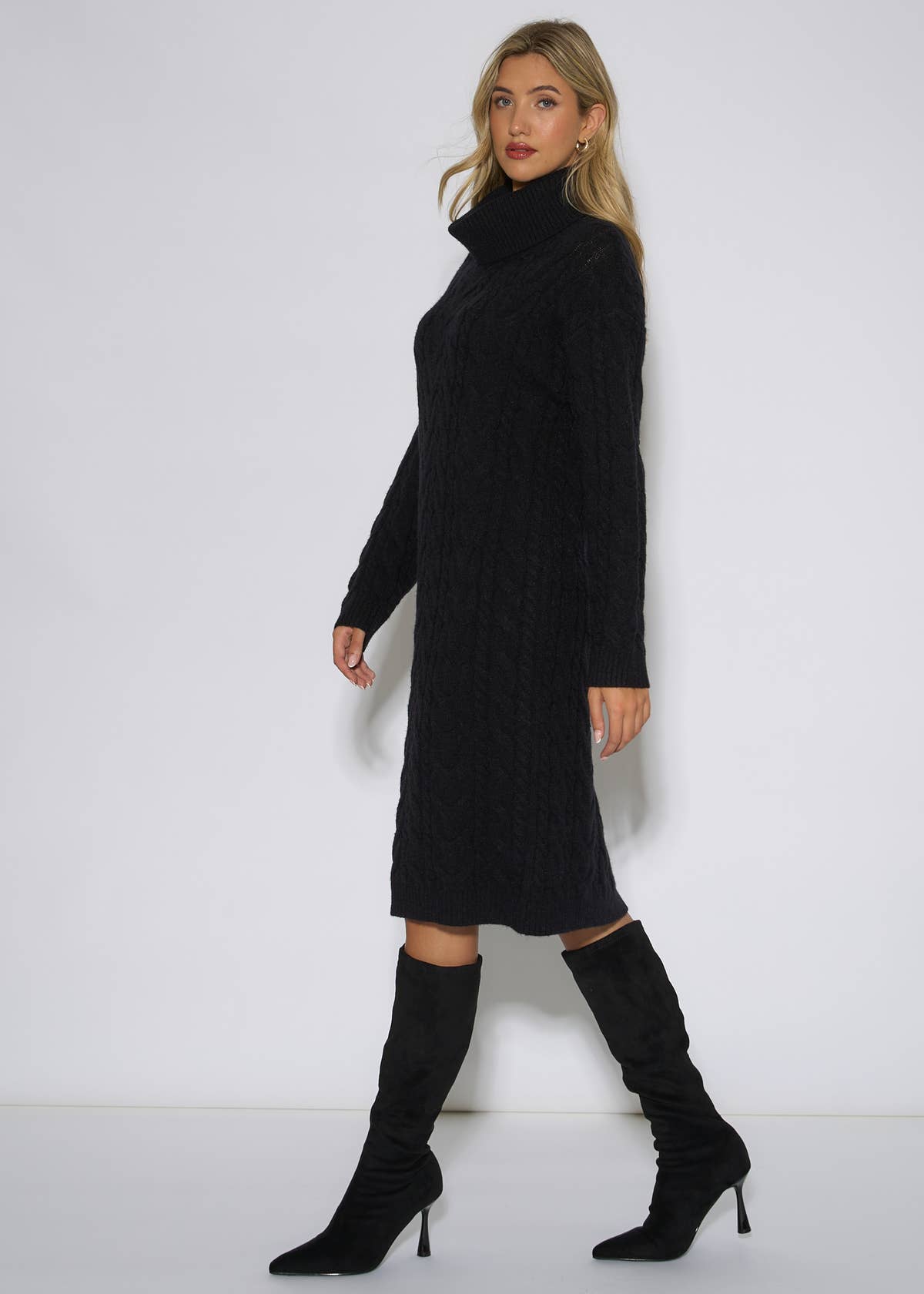 Black High Neck Cable Knit Shift Dress