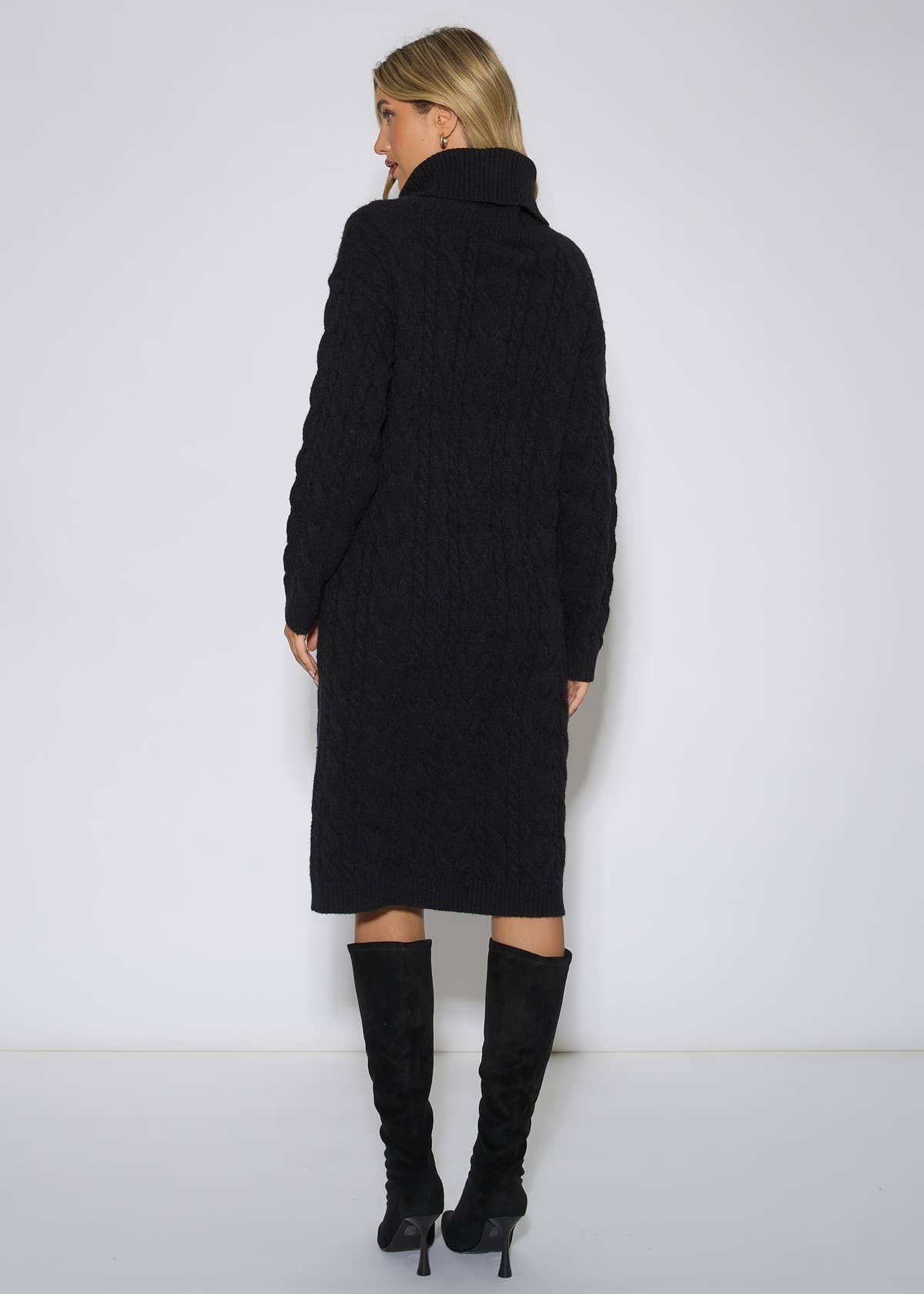 Black High Neck Cable Knit Shift Dress