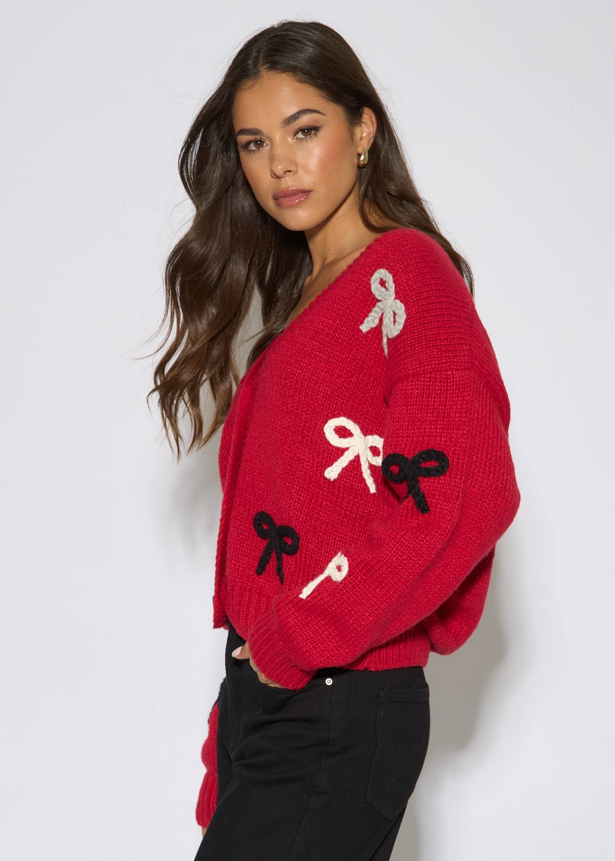 Red 3D Bow Long Sleeves Knit Cardigan