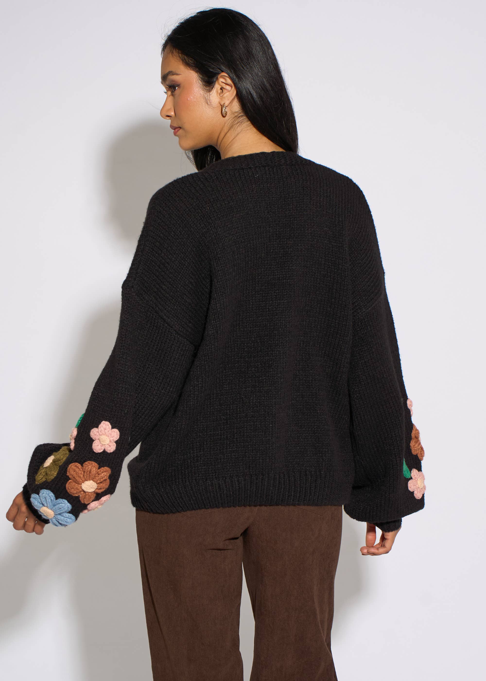 Black 3D Floral Sleeves Knit Cardigan