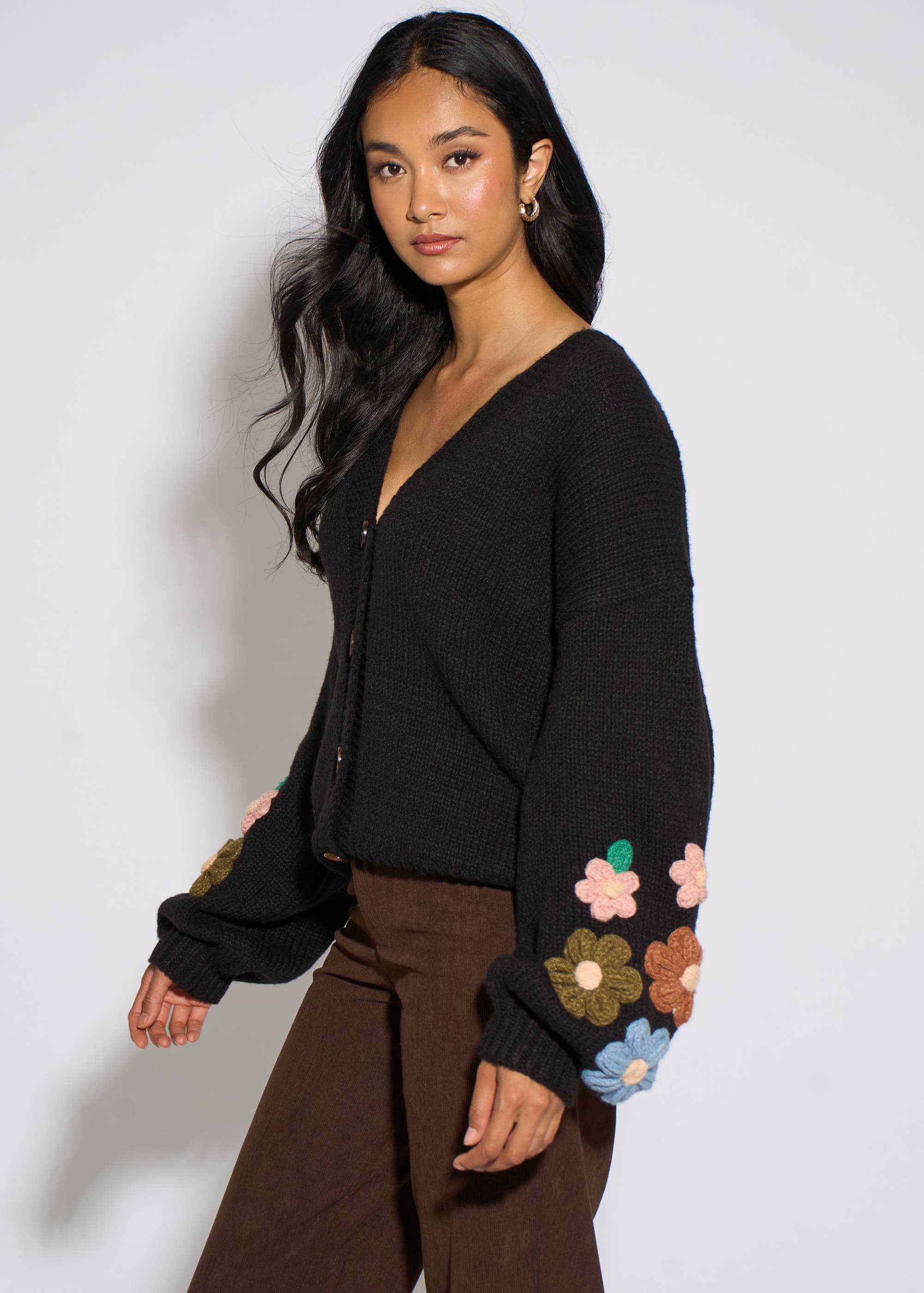Black 3D Floral Sleeves Knit Cardigan