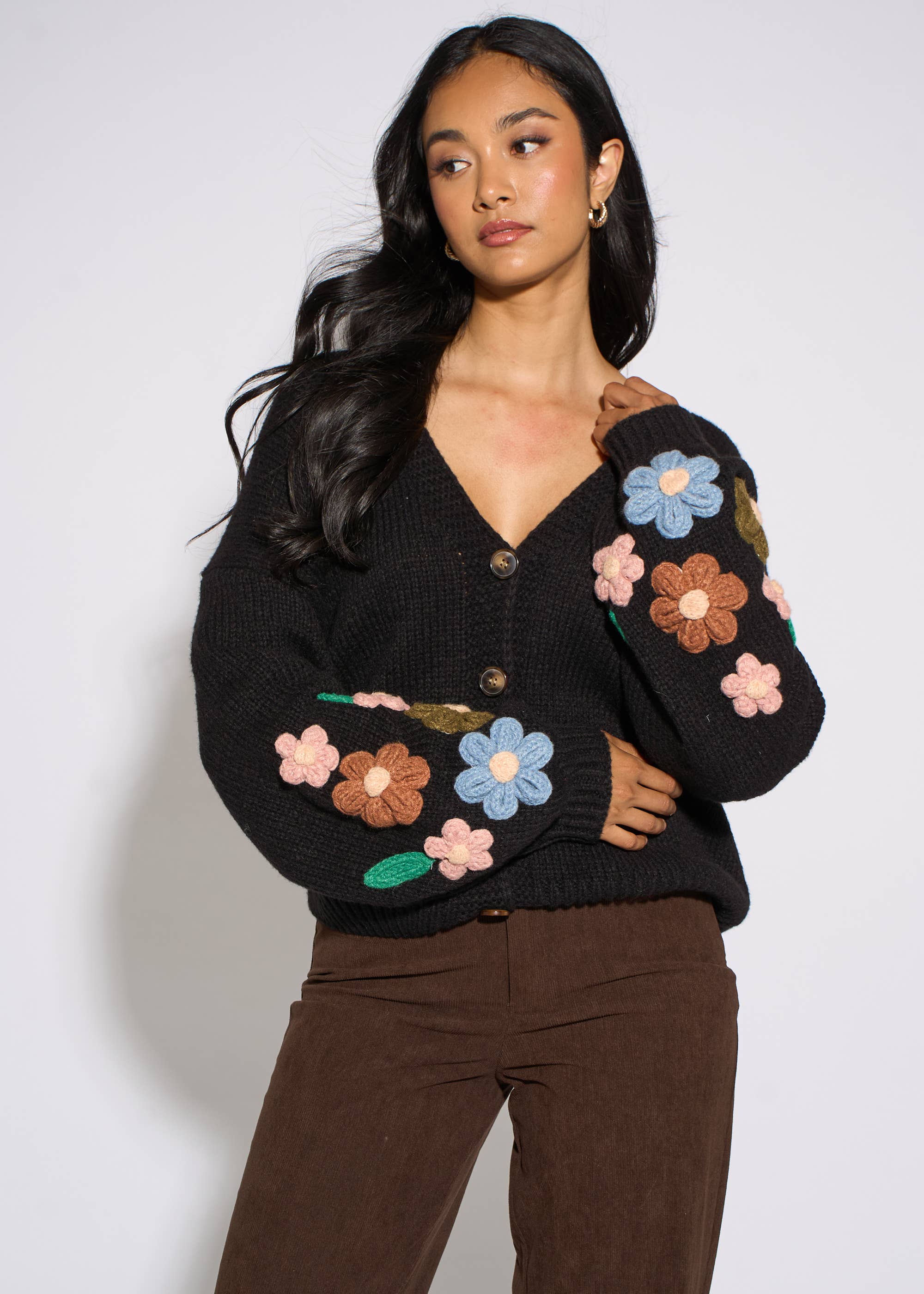 Black 3D Floral Sleeves Knit Cardigan