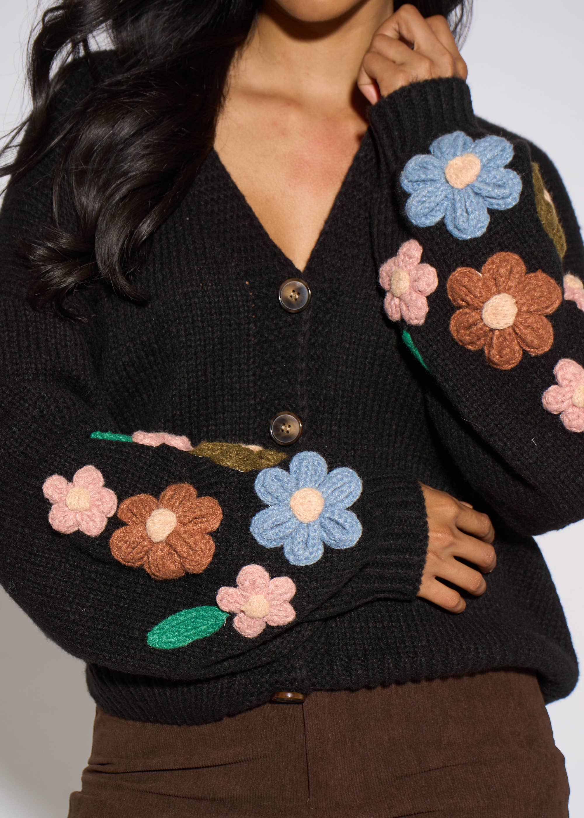 Black 3D Floral Sleeves Knit Cardigan