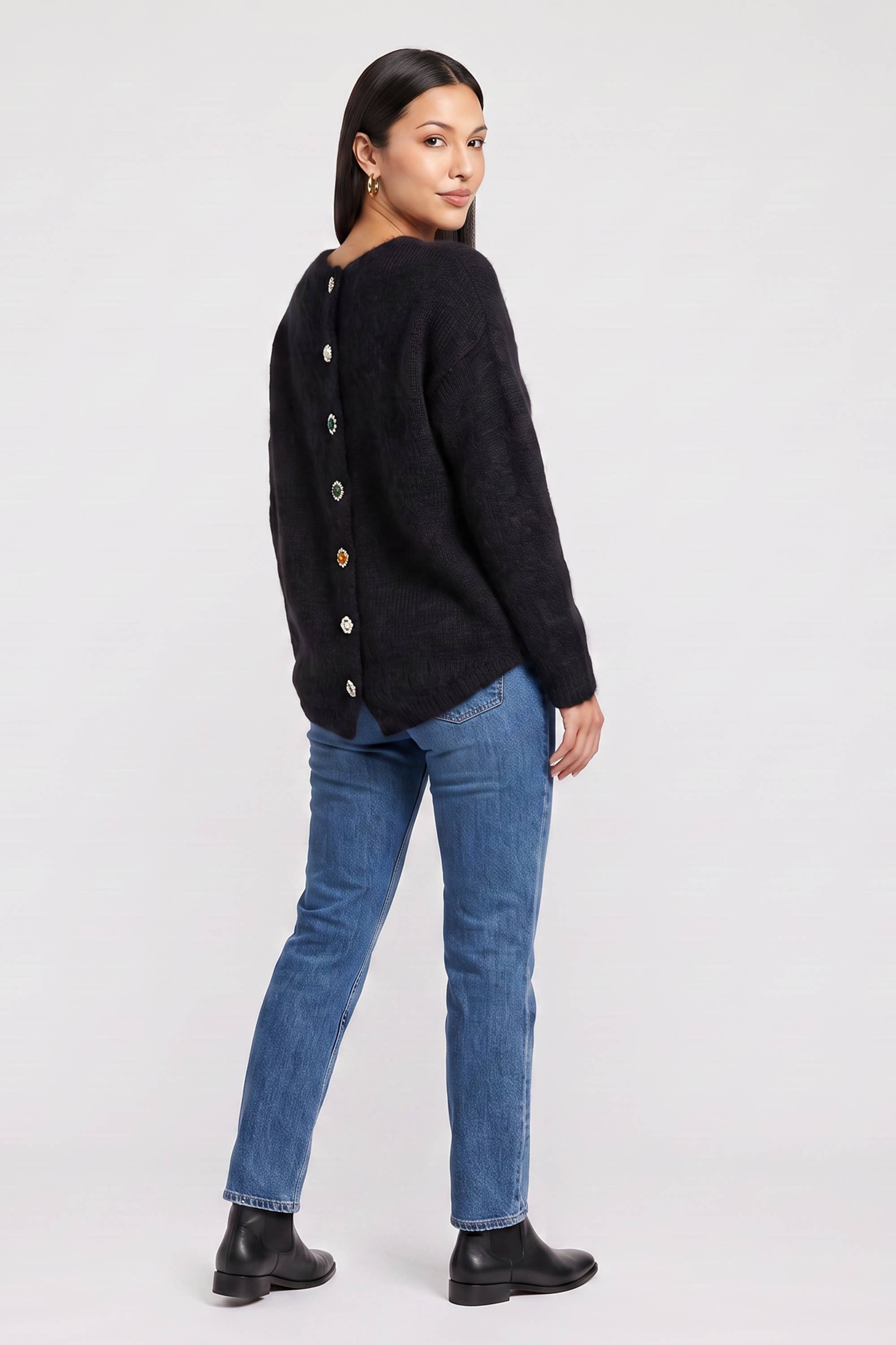 Black Long Sleeves Jewelled Back Knit Jumper