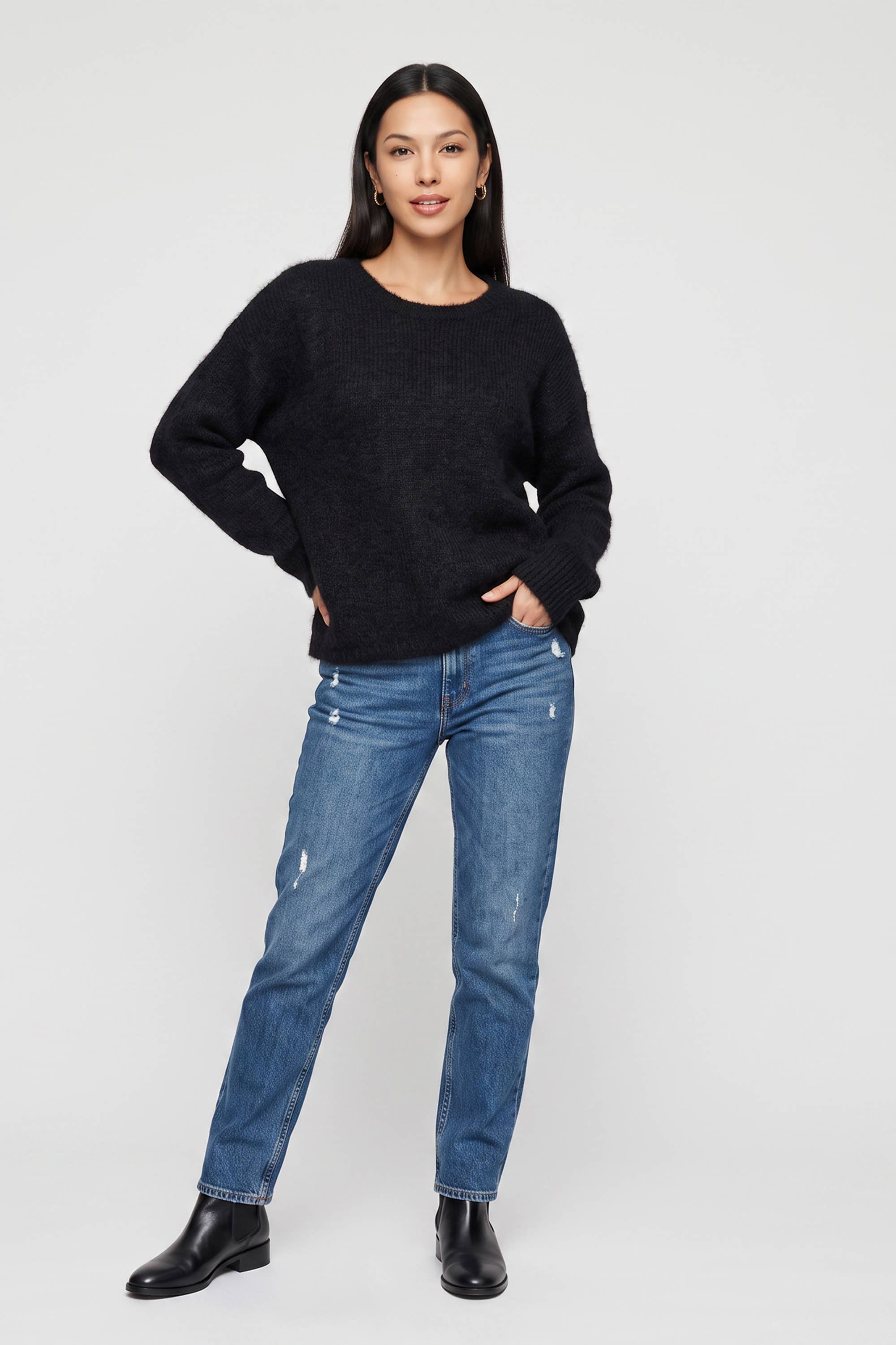 Black Long Sleeves Jewelled Back Knit Jumper