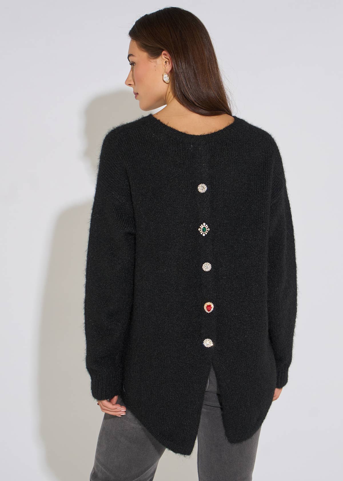 Black Long Sleeve Jewelled Back Knit Jumper