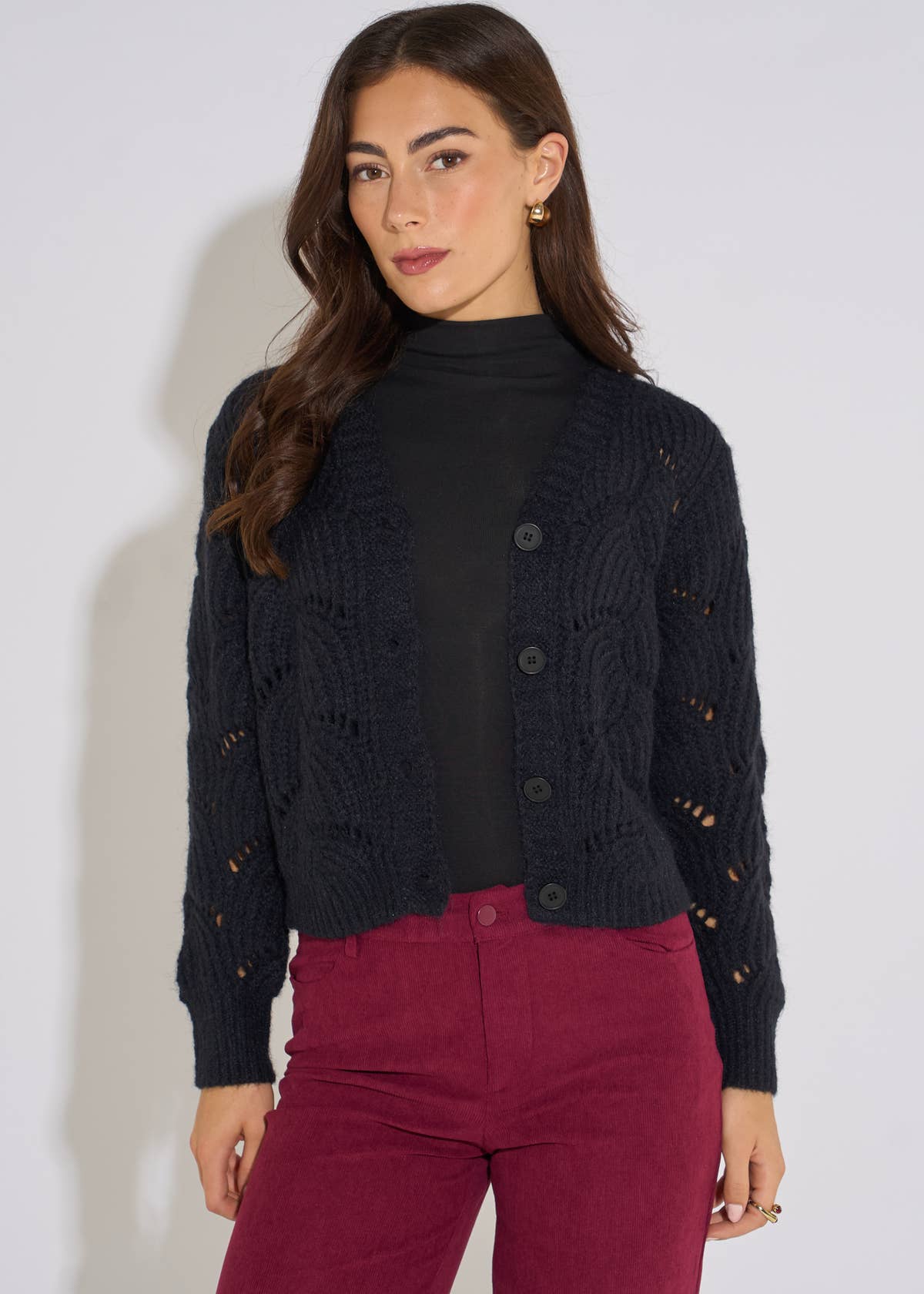 Black Pointelle Long Sleeves Cardigan– View 1 | Gini London