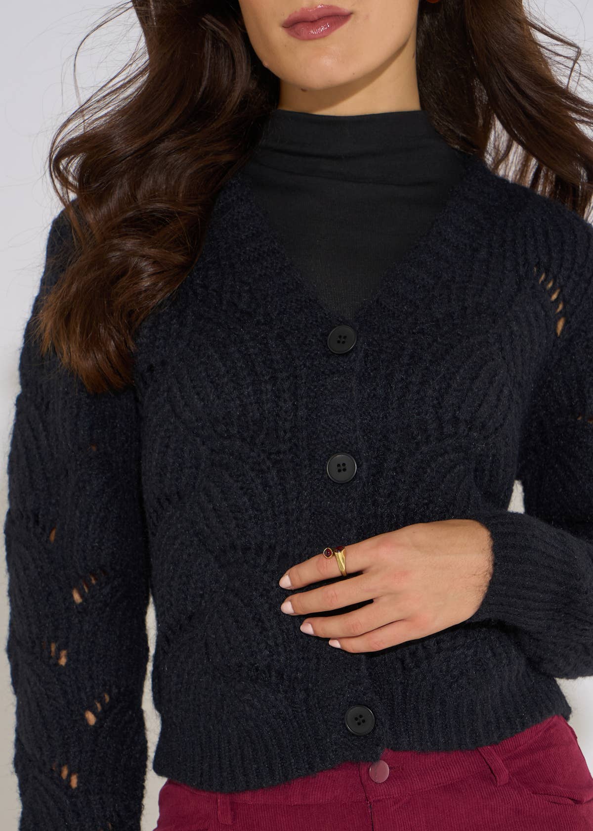 Black Pointelle Long Sleeves Cardigan– View 3 | Gini London