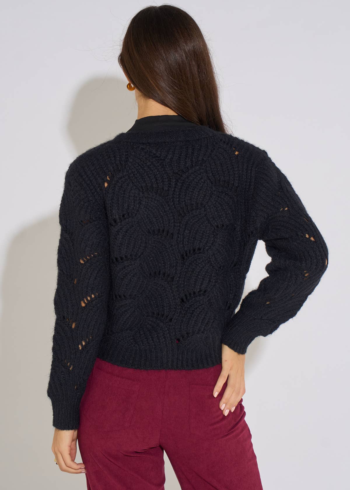Black Pointelle Long Sleeves Cardigan– View 2 | Gini London