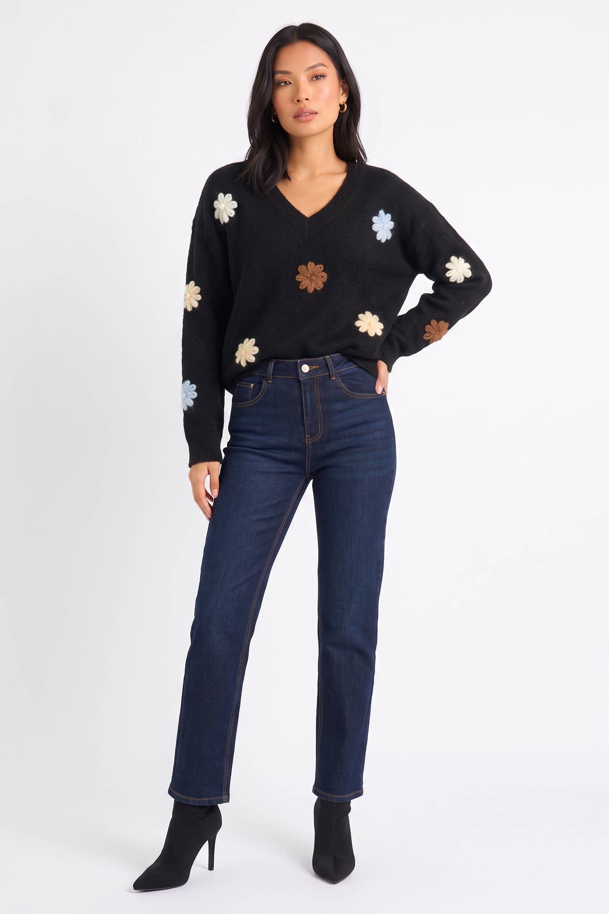 Black Crochet 3D Floral Knitted Jumper– View 3 | Gini London