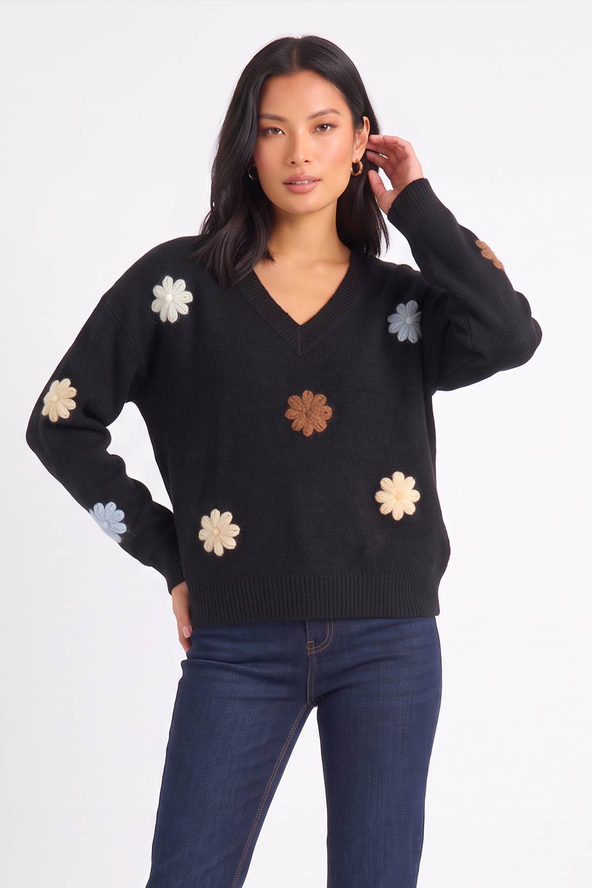 Black Crochet 3D Floral Knitted Jumper– View 1 | Gini London