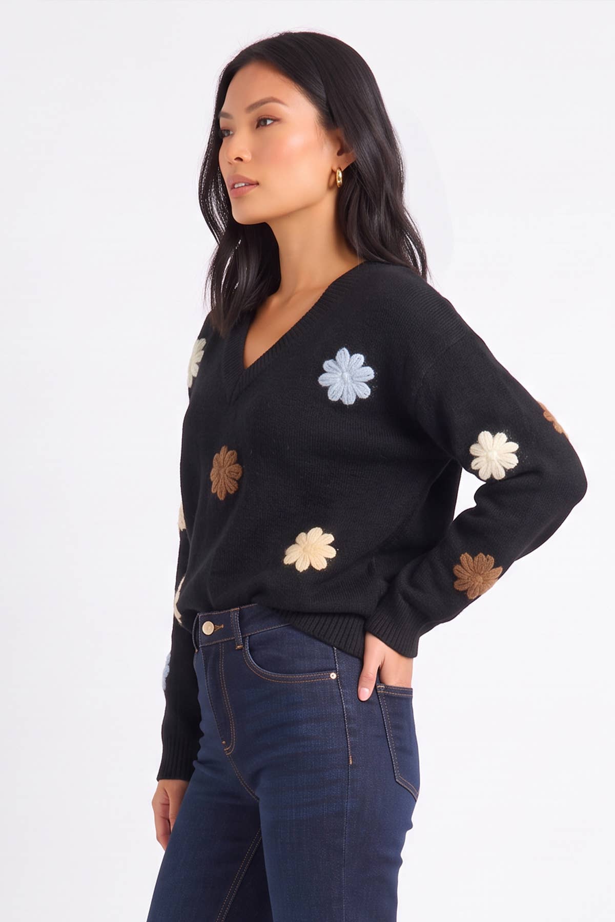 Black Crochet 3D Floral Knitted Jumper– View 4 | Gini London