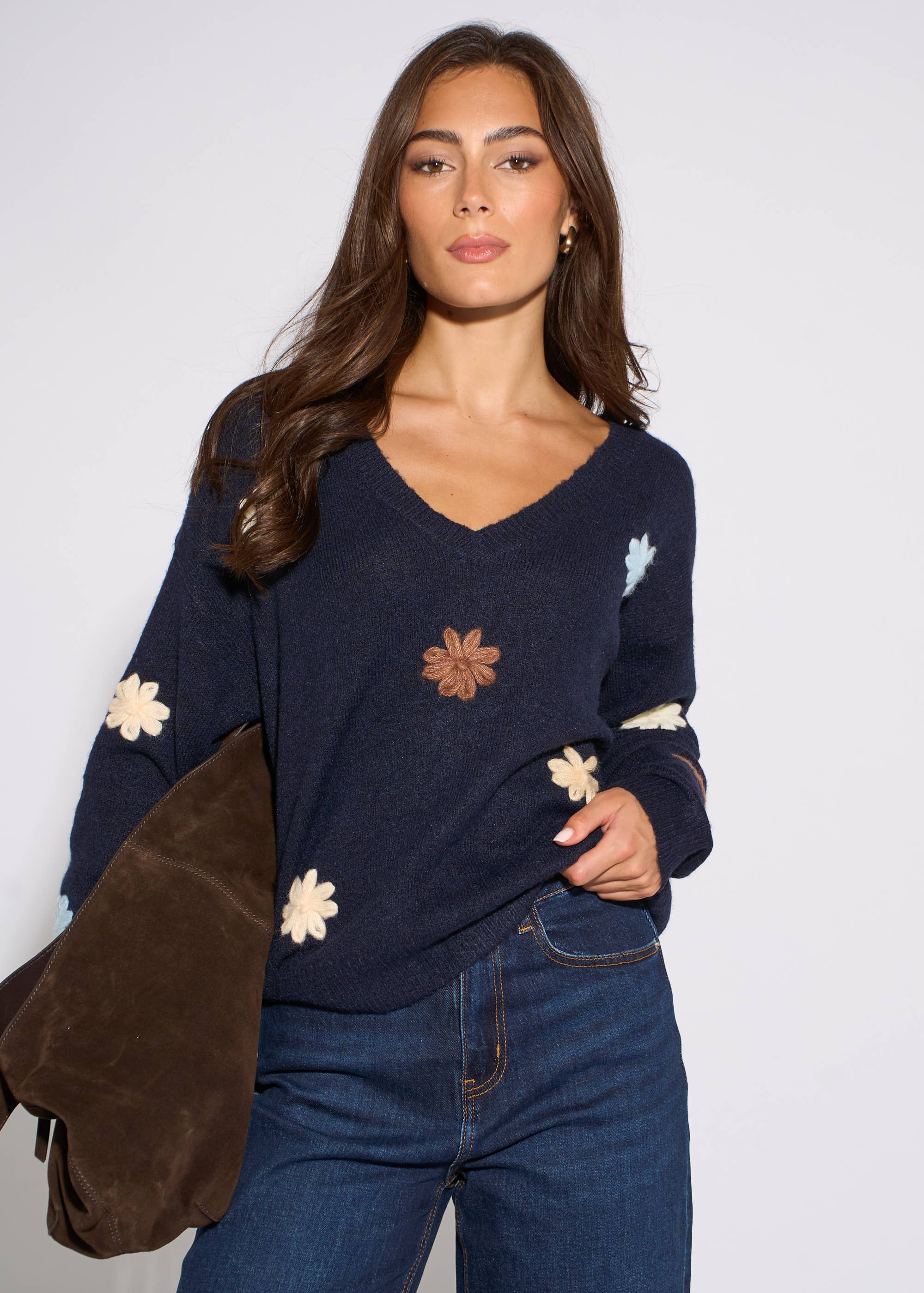 Navy Crochet 3D Floral Knitted Jumper