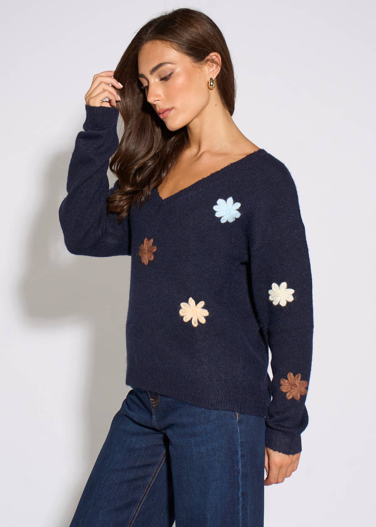 Navy Crochet 3D Floral Knitted Jumper