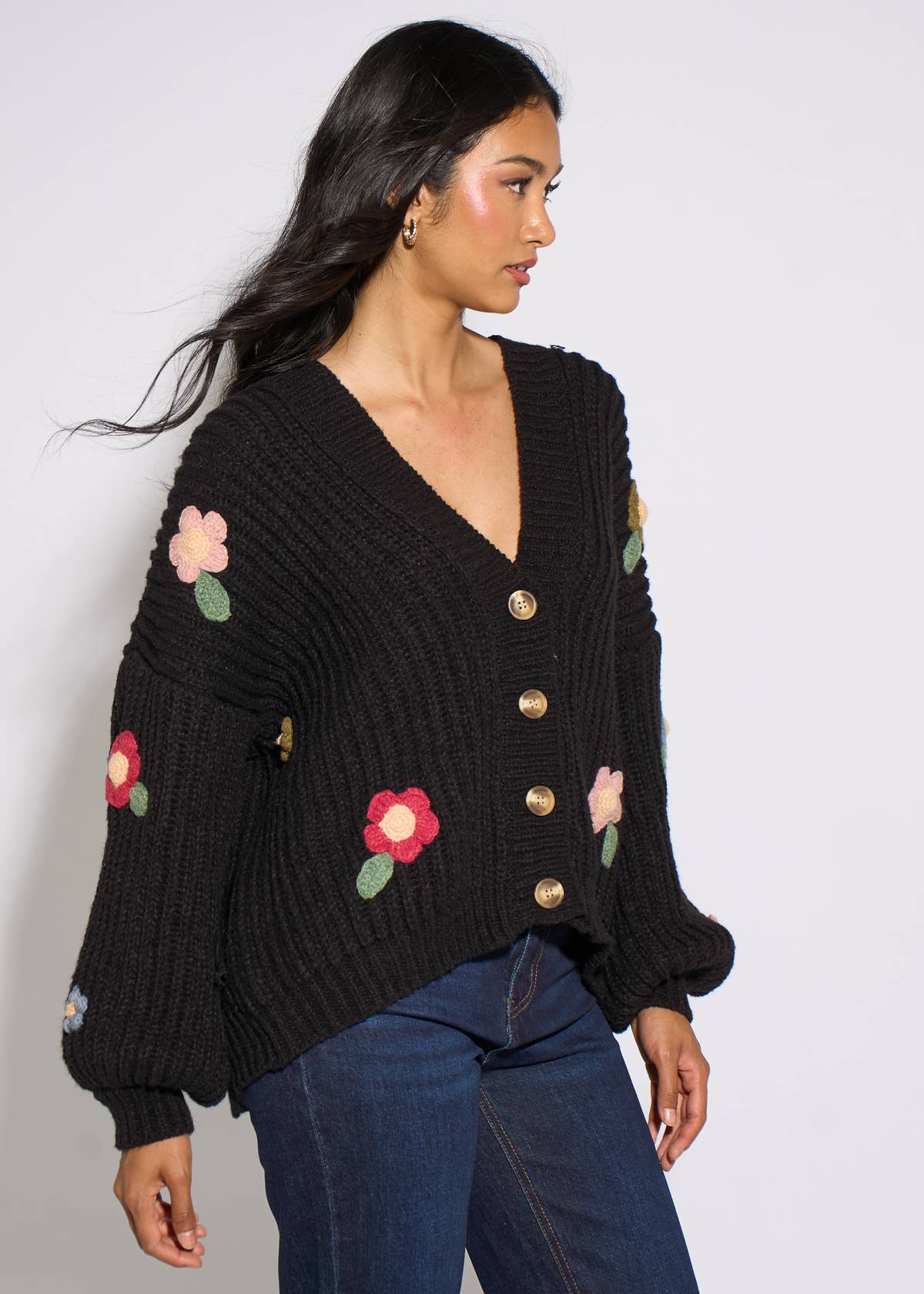 Black 3D Floral Chunky Knit Cardigan